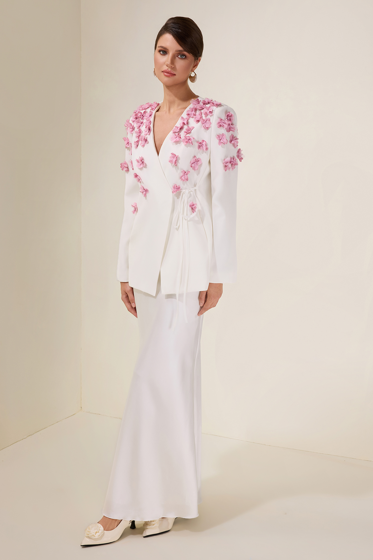 3D Flower Lace-Up Long Sleeve Coat