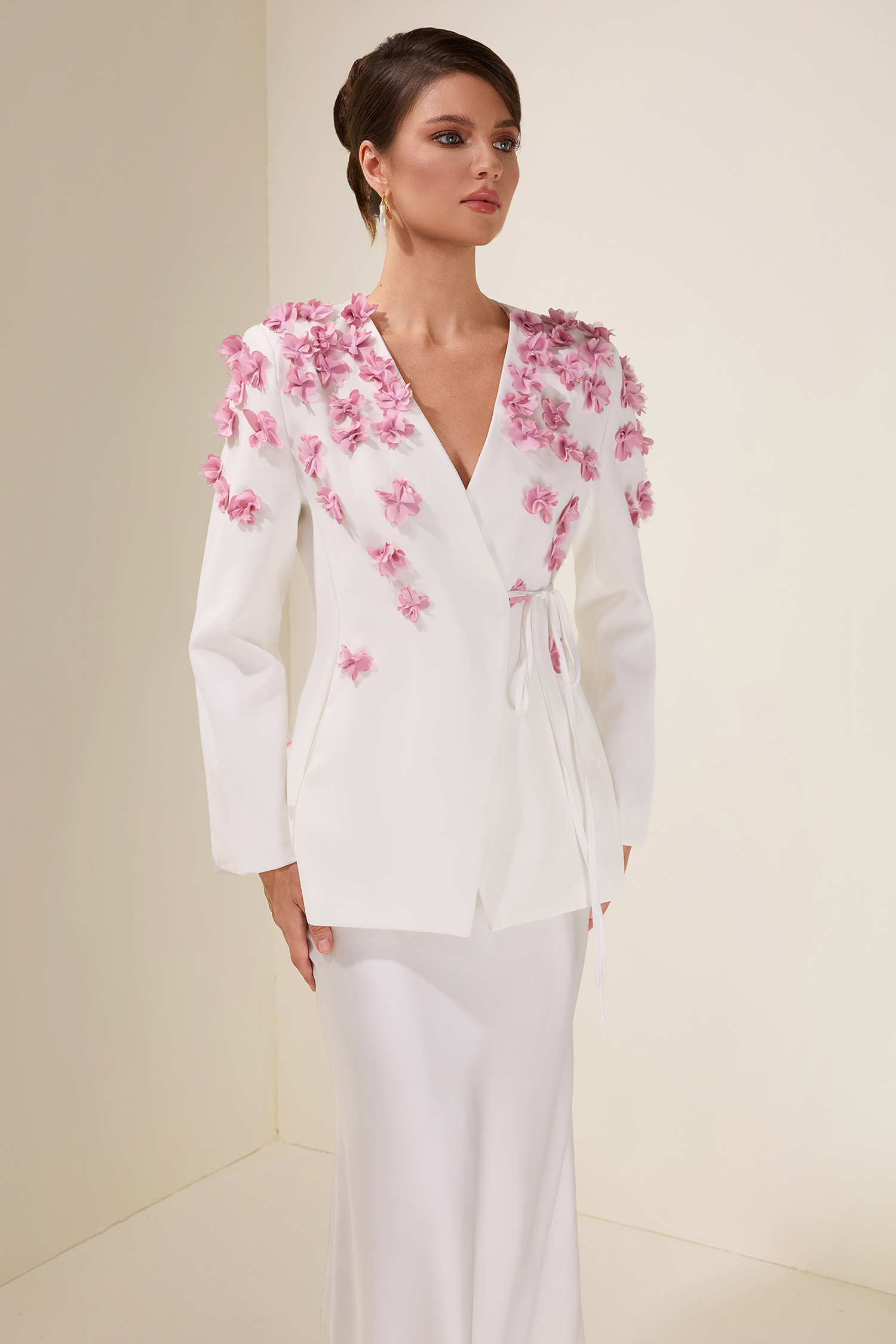 3D Flower Lace-Up Long Sleeve Coat