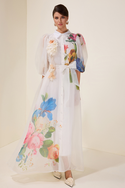 3D Flower Puff Sleeve Single Breasted Midi Dress