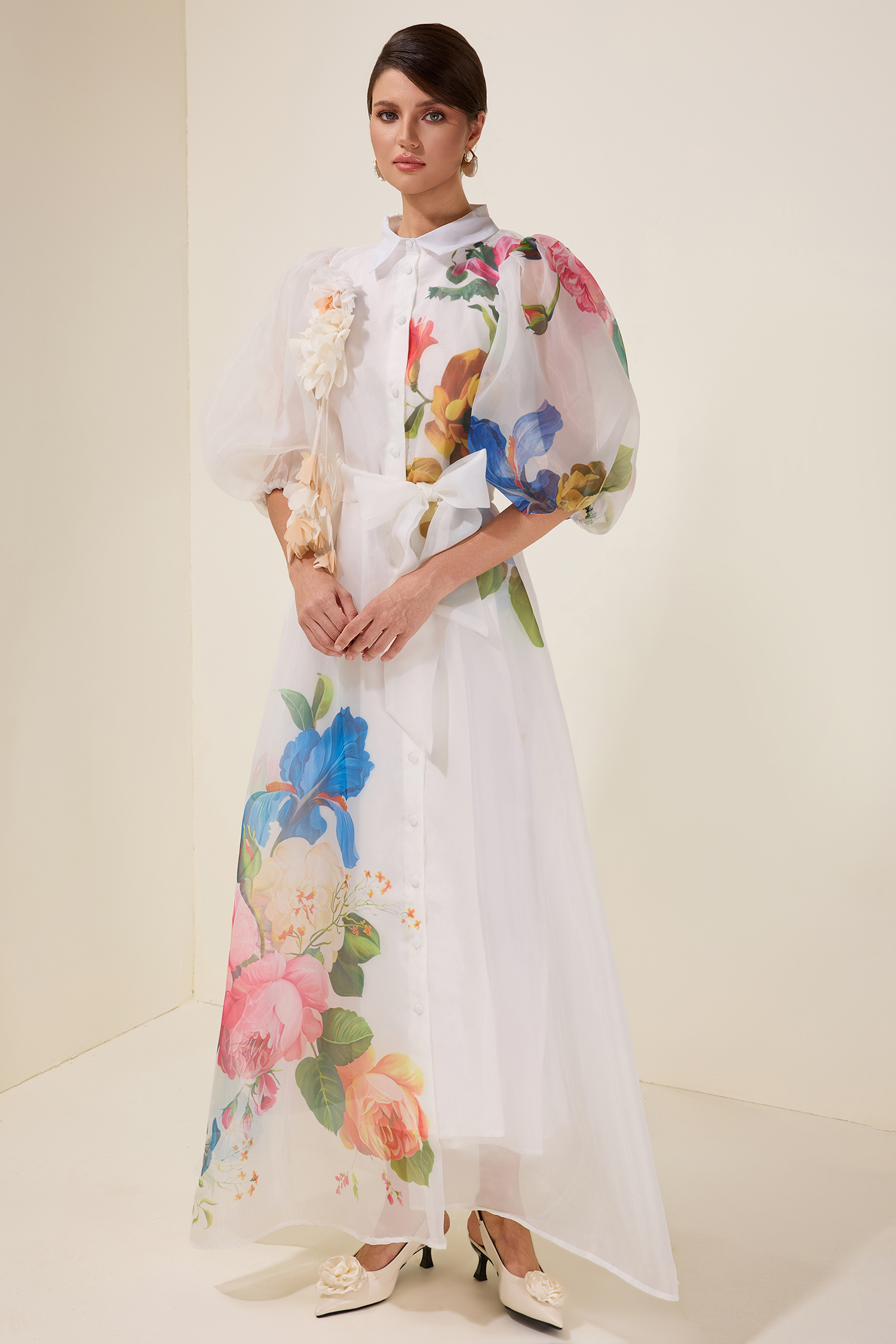 3D Flower Puff Sleeve Single Breasted Midi Dress