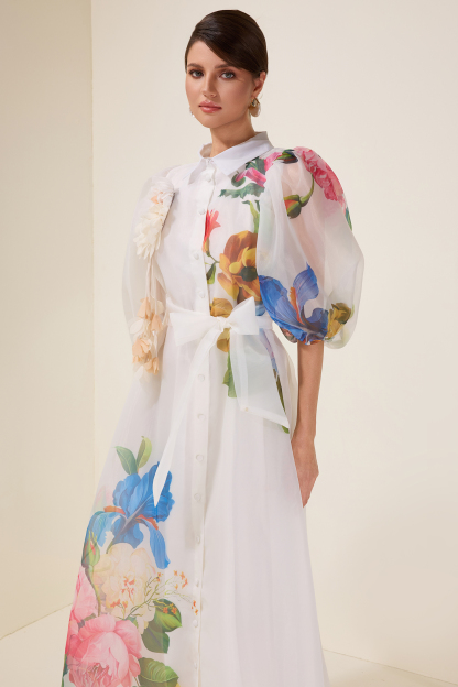 3D Flower Puff Sleeve Single Breasted Midi Dress