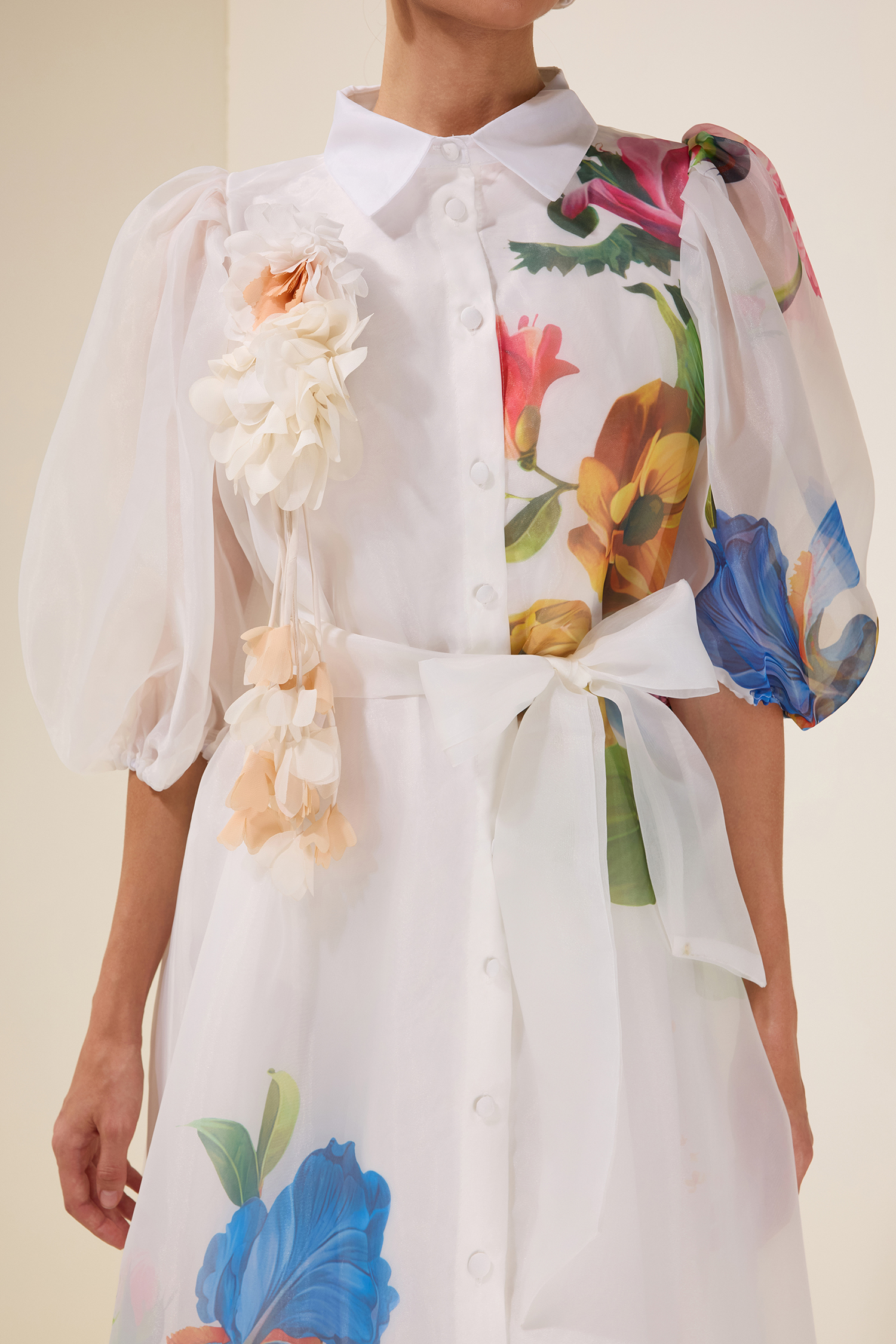 3D Flower Puff Sleeve Single Breasted Midi Dress