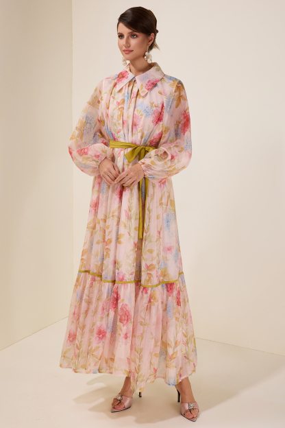 Floral Flapped Lantern Sleeve Midi Dress