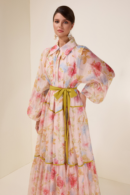 Floral Flapped Lantern Sleeve Midi Dress