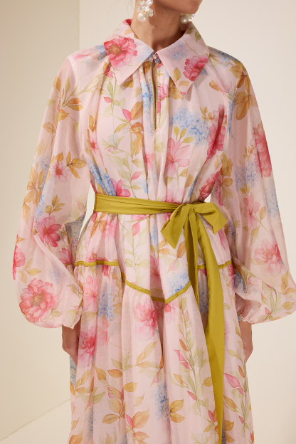 Floral Flapped Lantern Sleeve Midi Dress