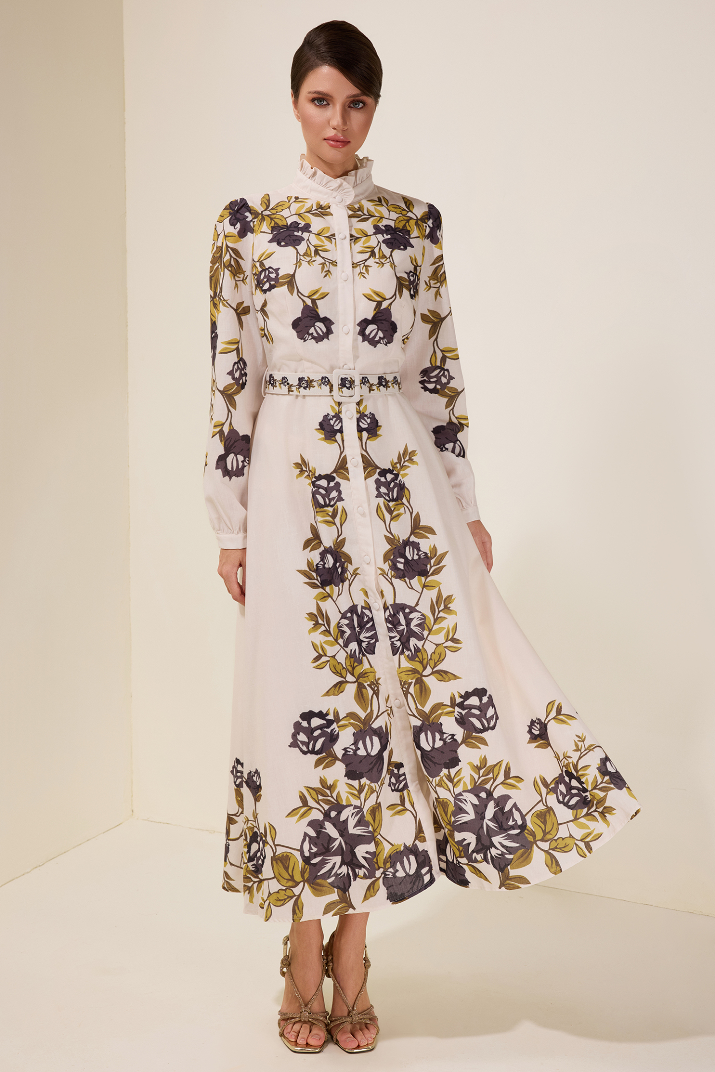 Floral Single Breasted Midi Dress With Belt