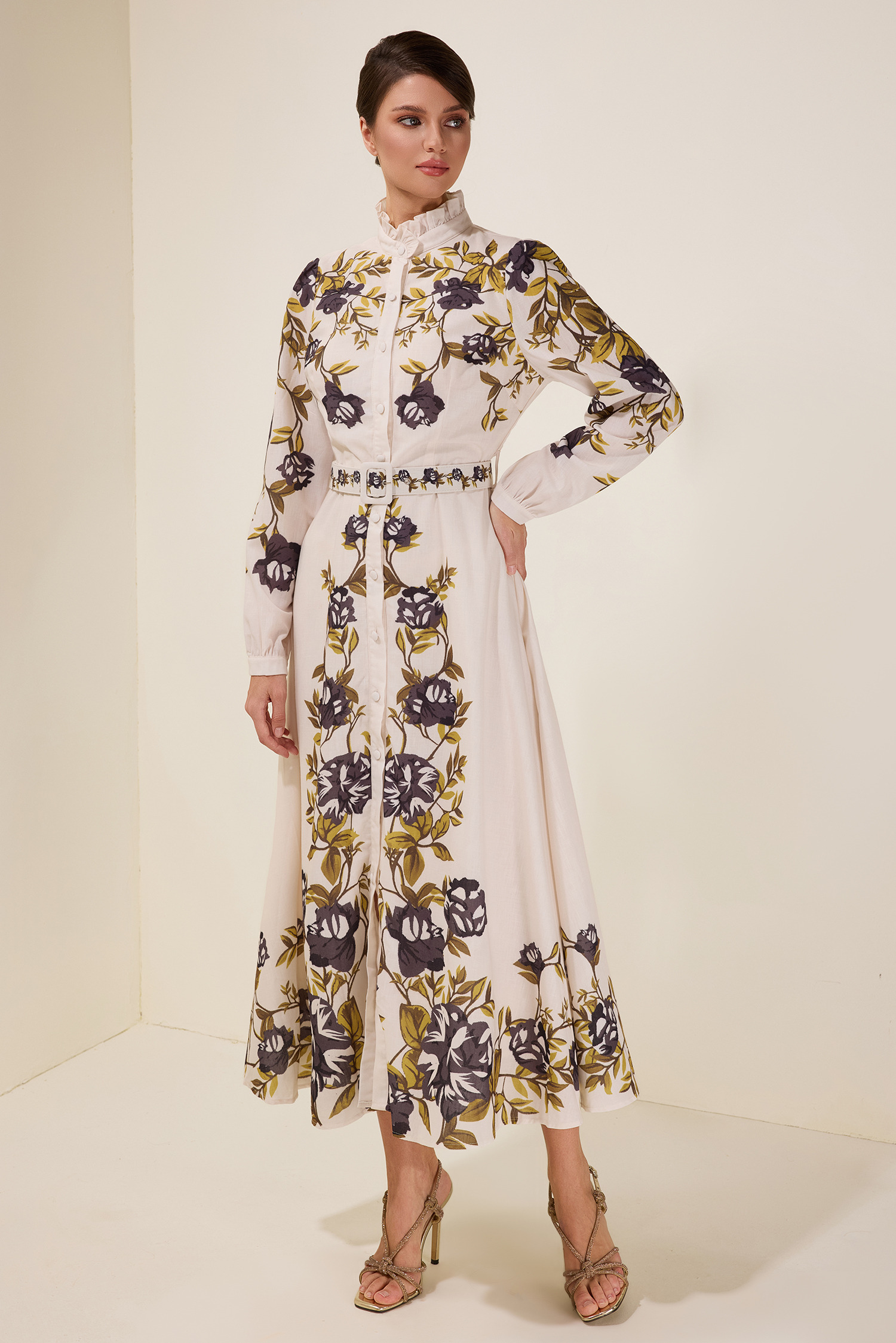 Floral Single Breasted Midi Dress With Belt