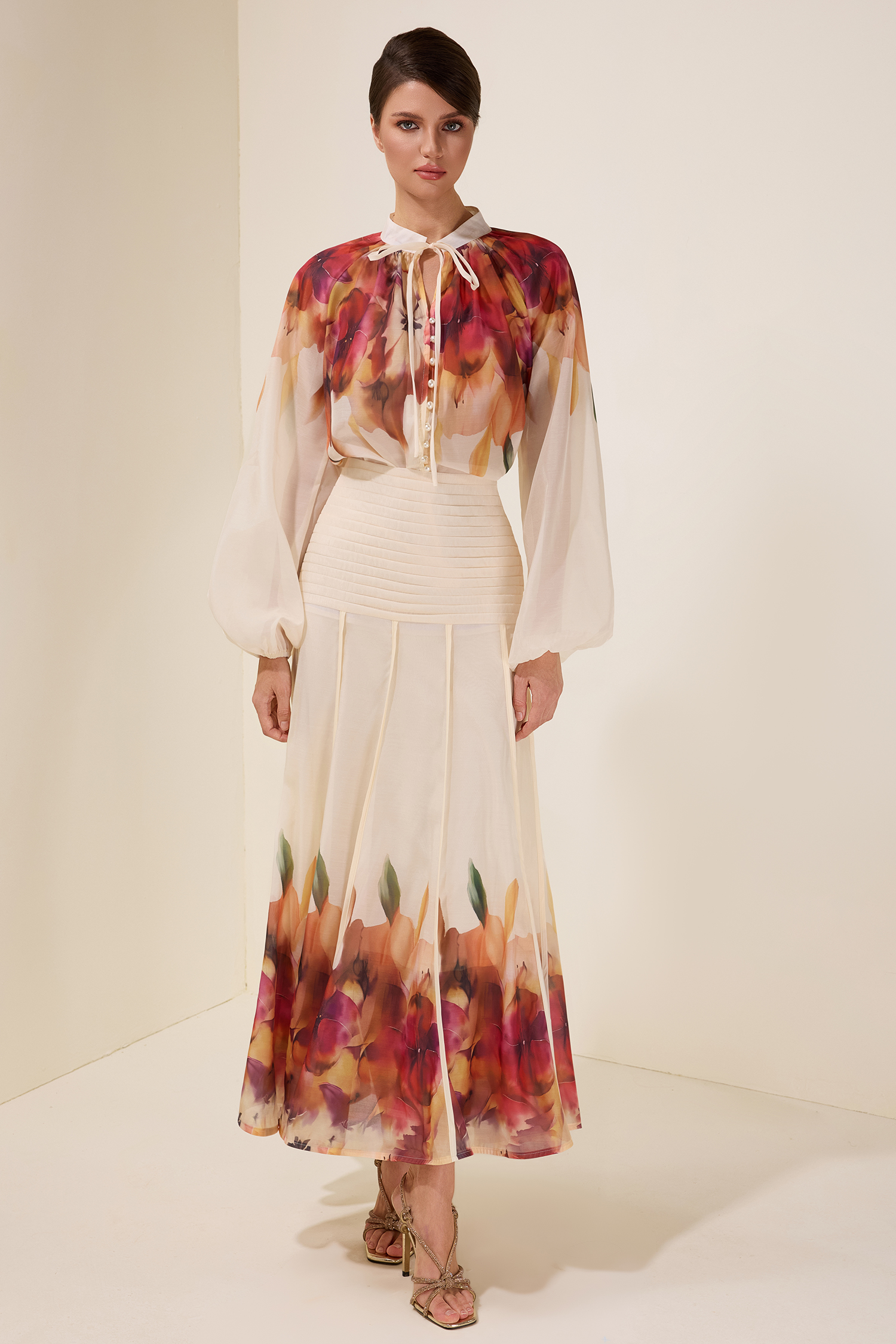 Floral Lace-Up Top & Pleated High Waist Midi Skirt Set