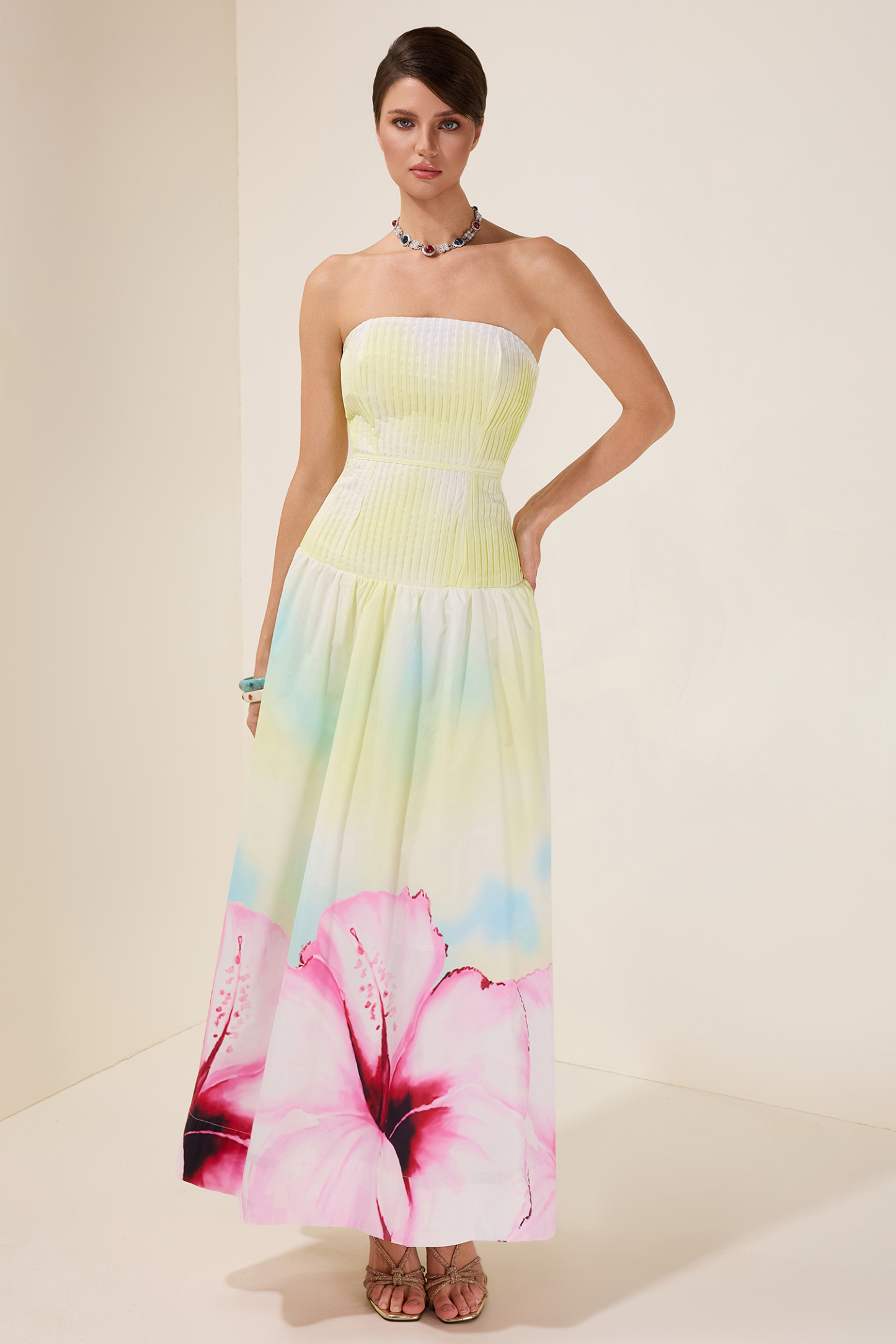 Floral Pleated Off-Shoulder Maxi Dress