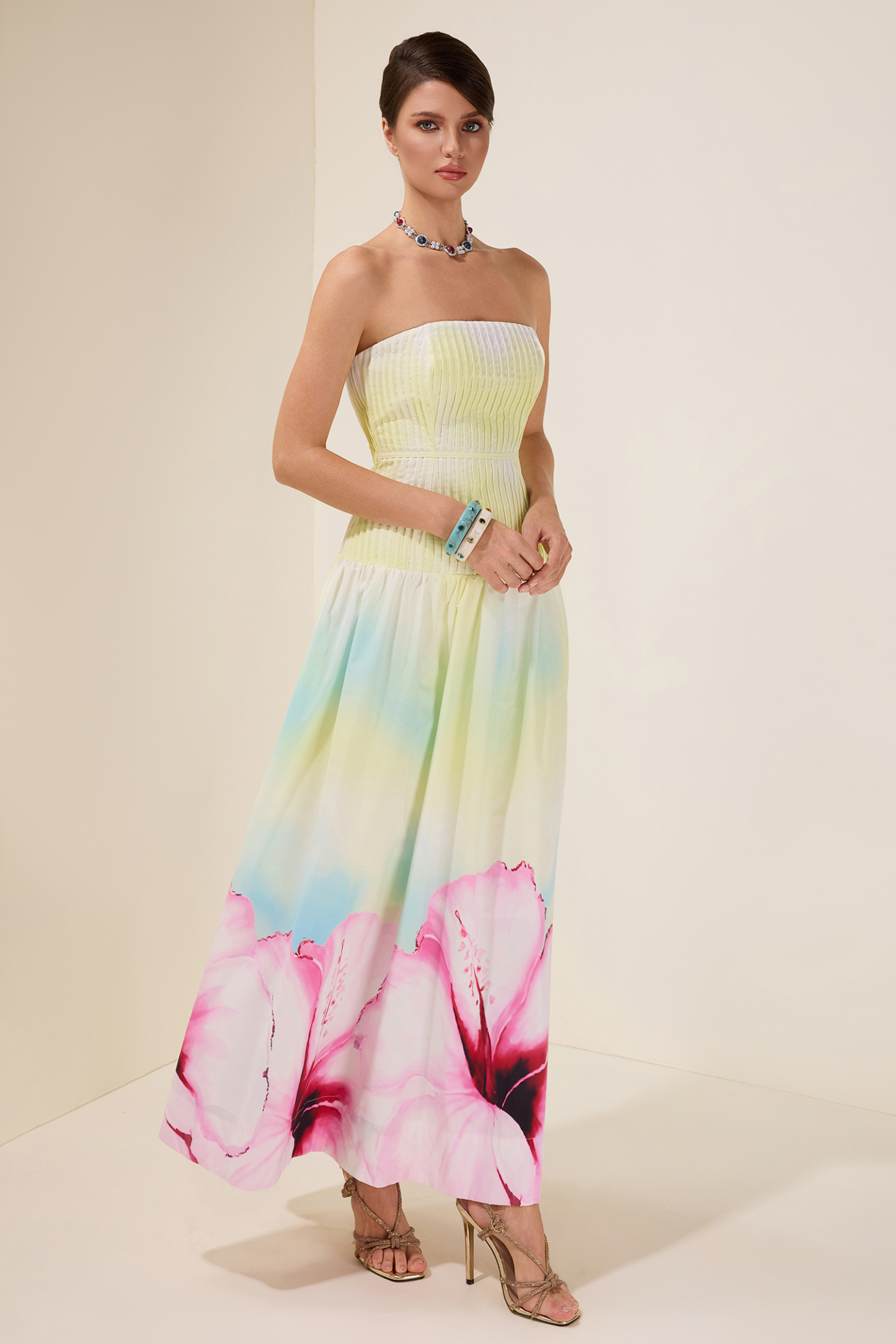 Floral Pleated Off-Shoulder Maxi Dress