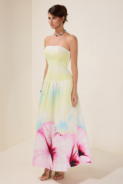Floral Pleated Off-Shoulder Maxi Dress