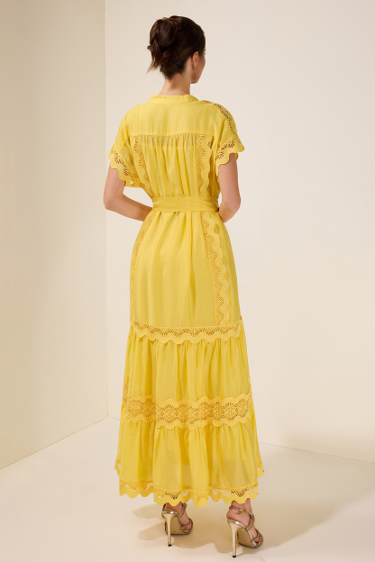 Lace Splicing Single Breasted Midi Dress With Belt