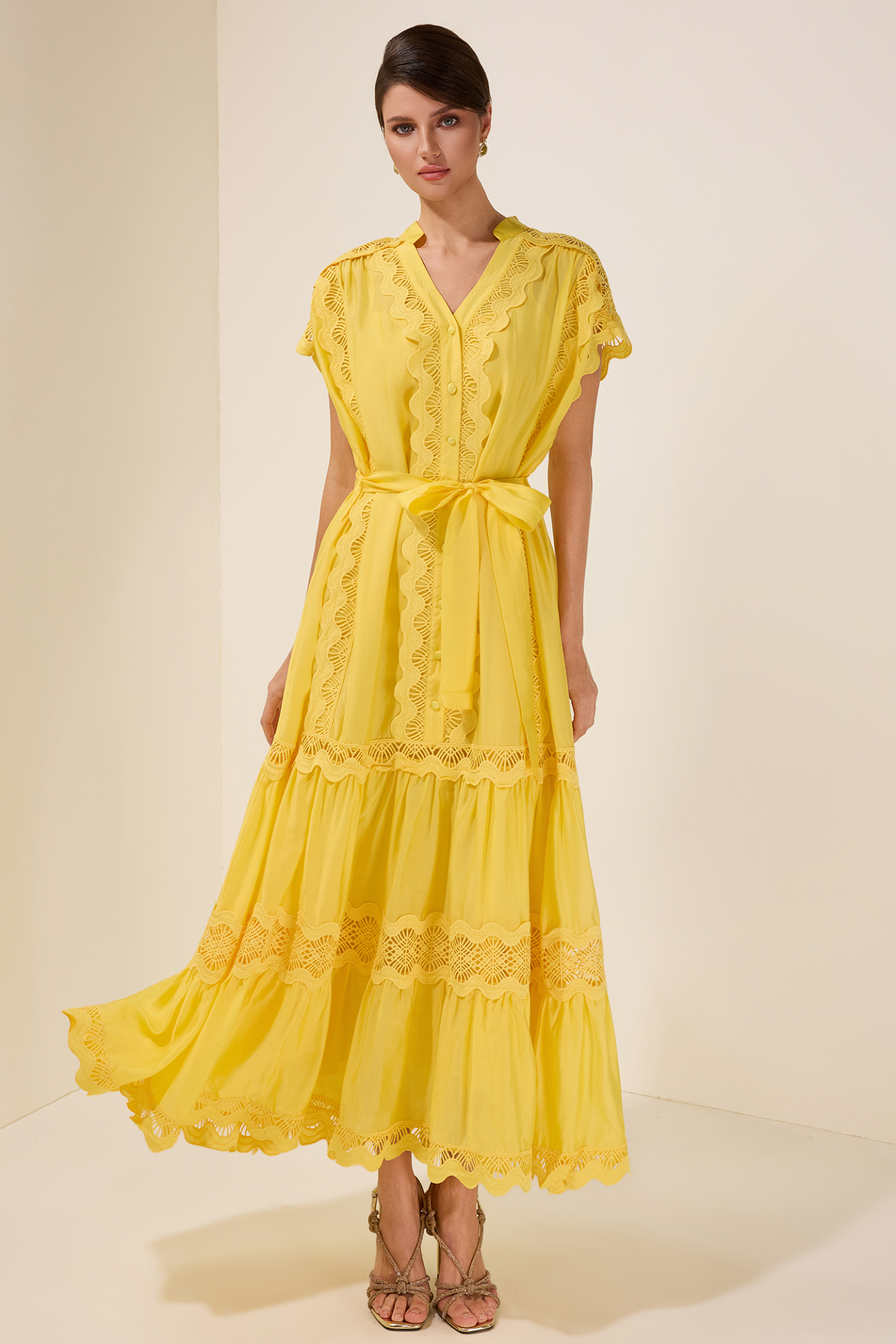 Lace Splicing Single Breasted Midi Dress With Belt