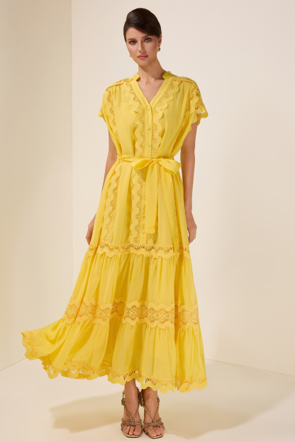 Lace Splicing Single Breasted Midi Dress With Belt