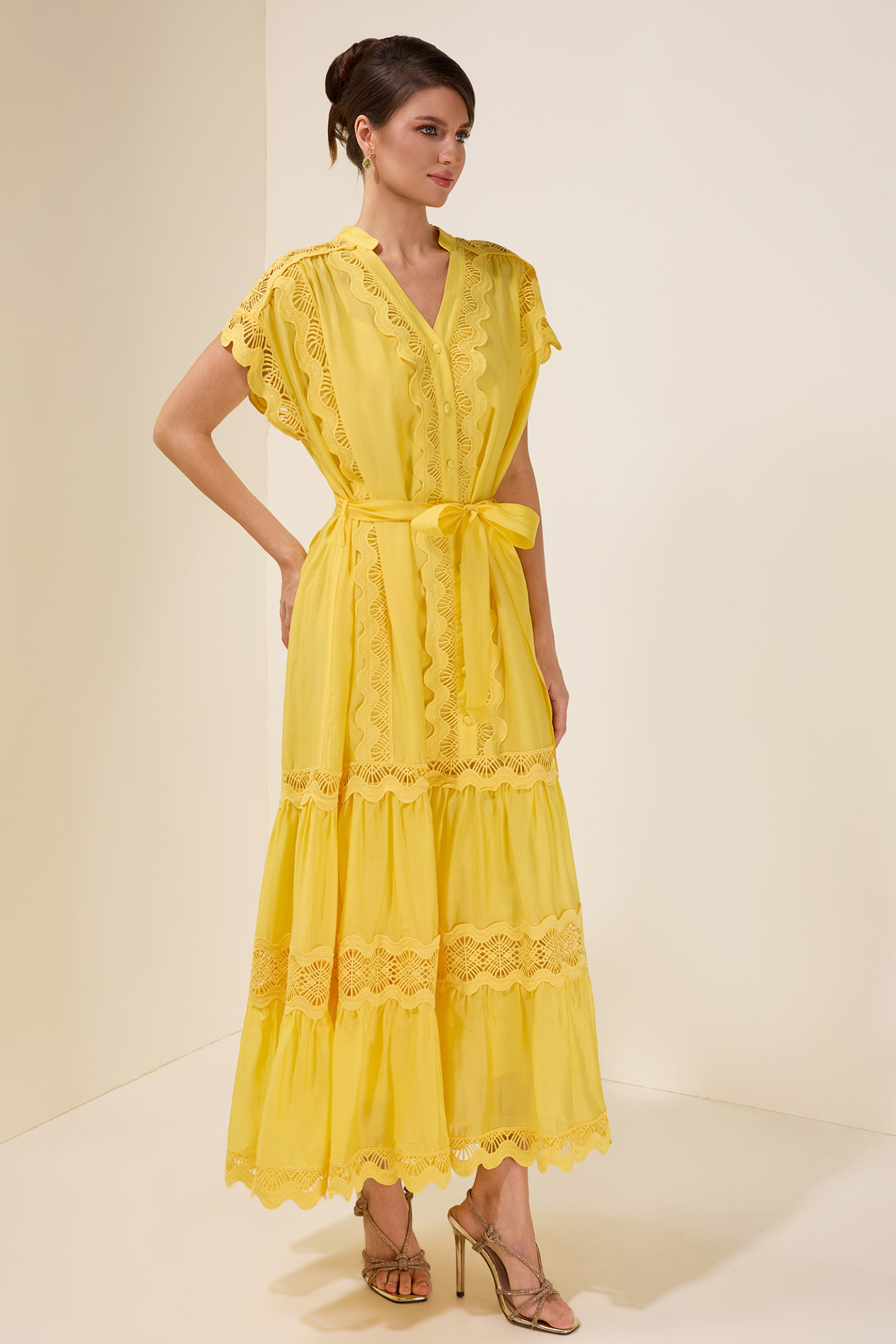 Lace Splicing Single Breasted Midi Dress With Belt