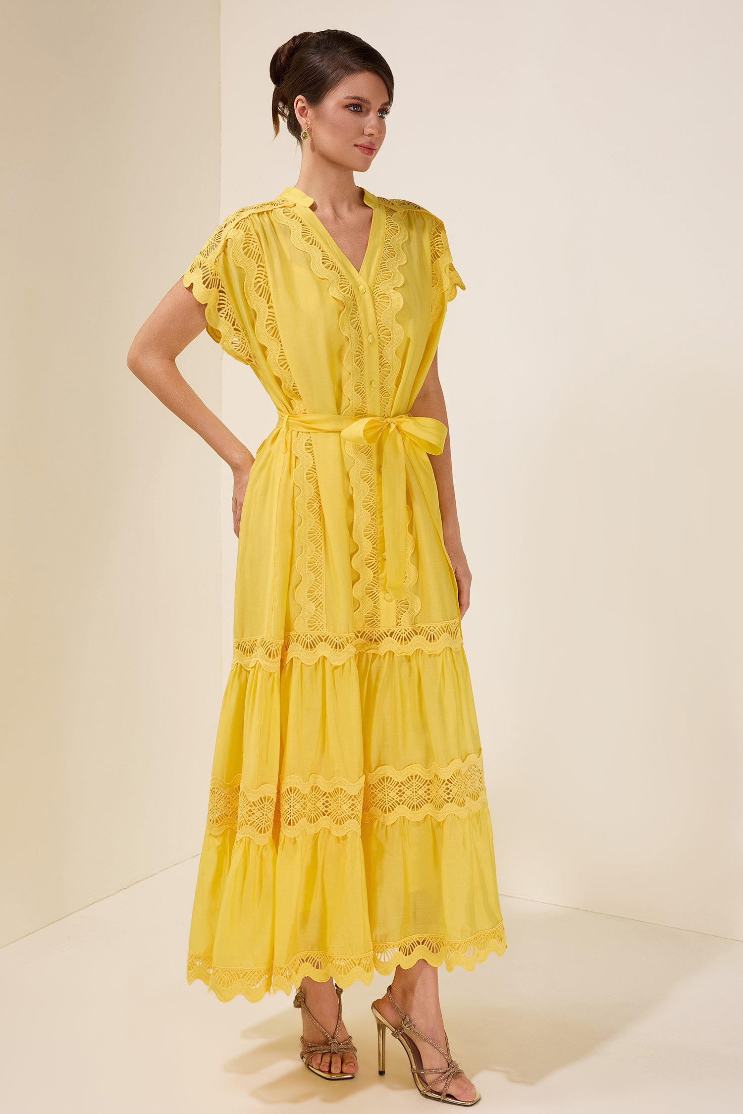 Lace Splicing Single Breasted Midi Dress With Belt