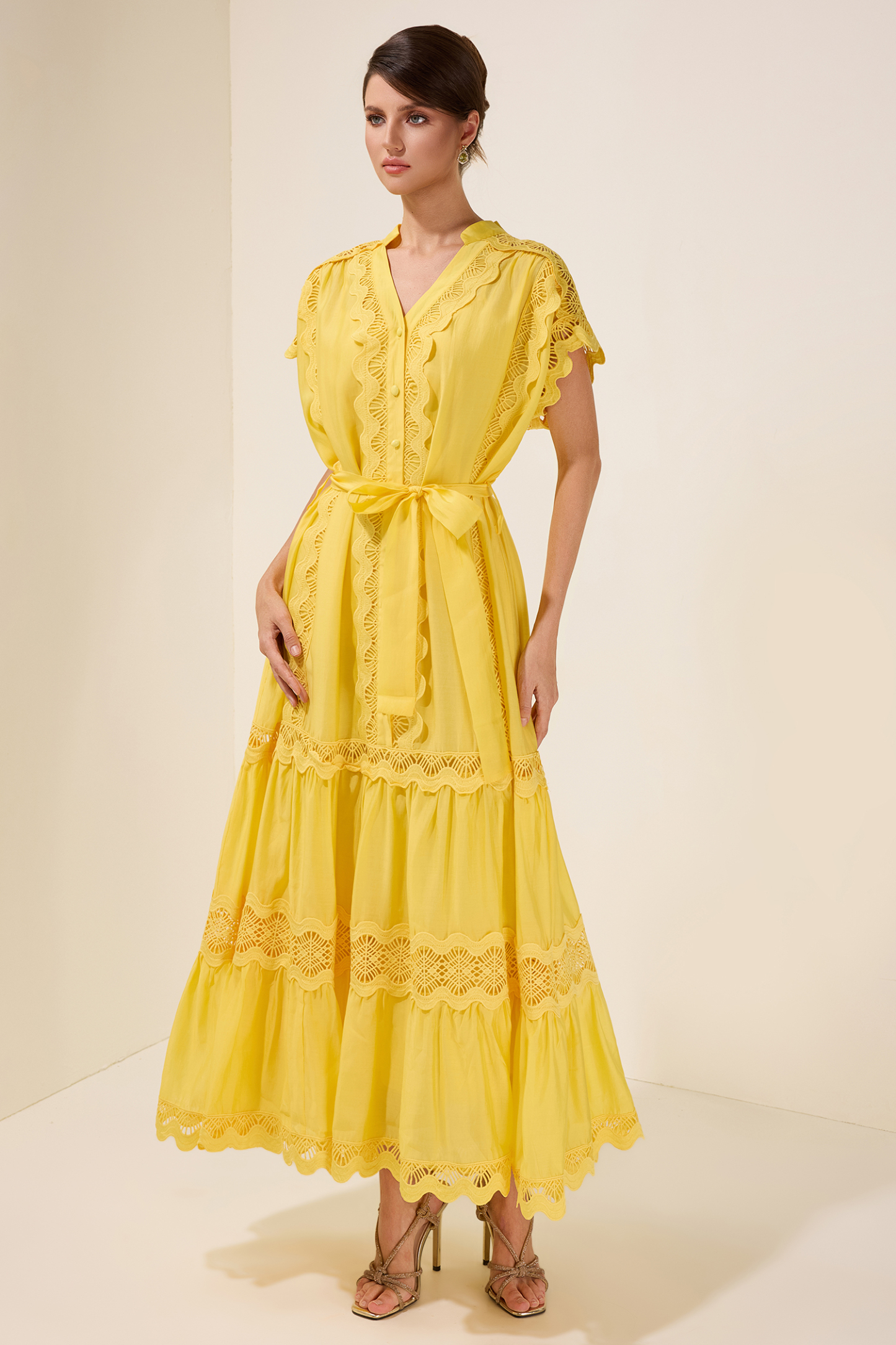 Lace Splicing Single Breasted Midi Dress With Belt