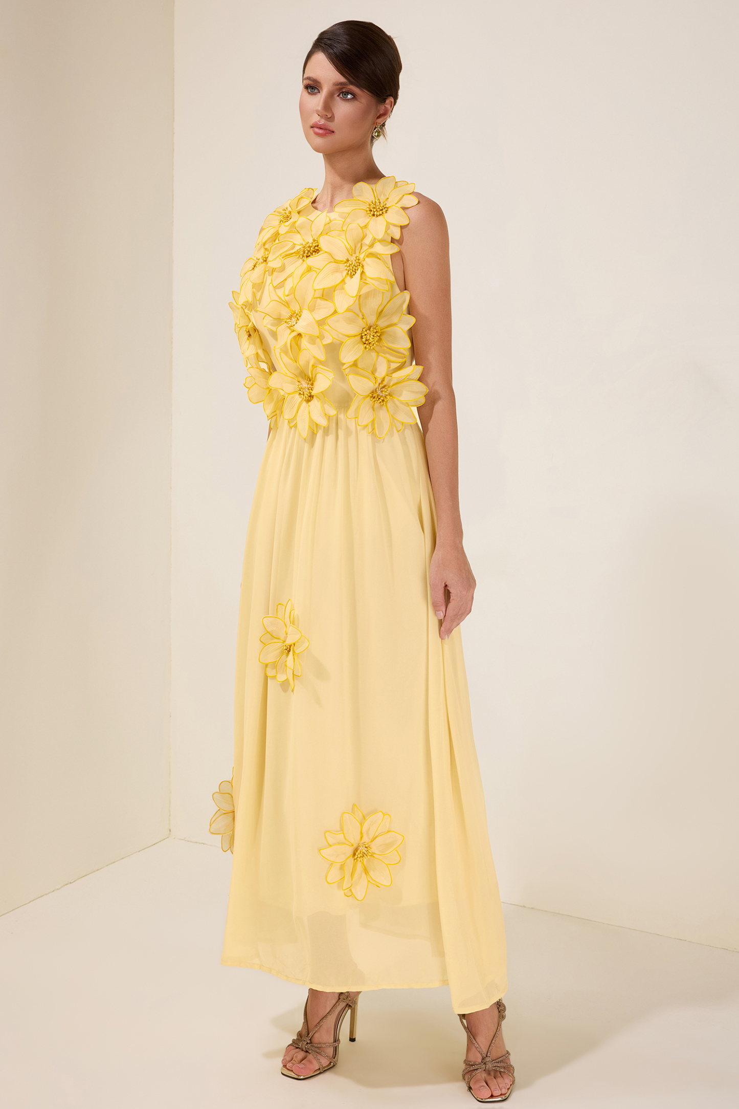 3D Flower Chiffon Sleeveless Midi Dress