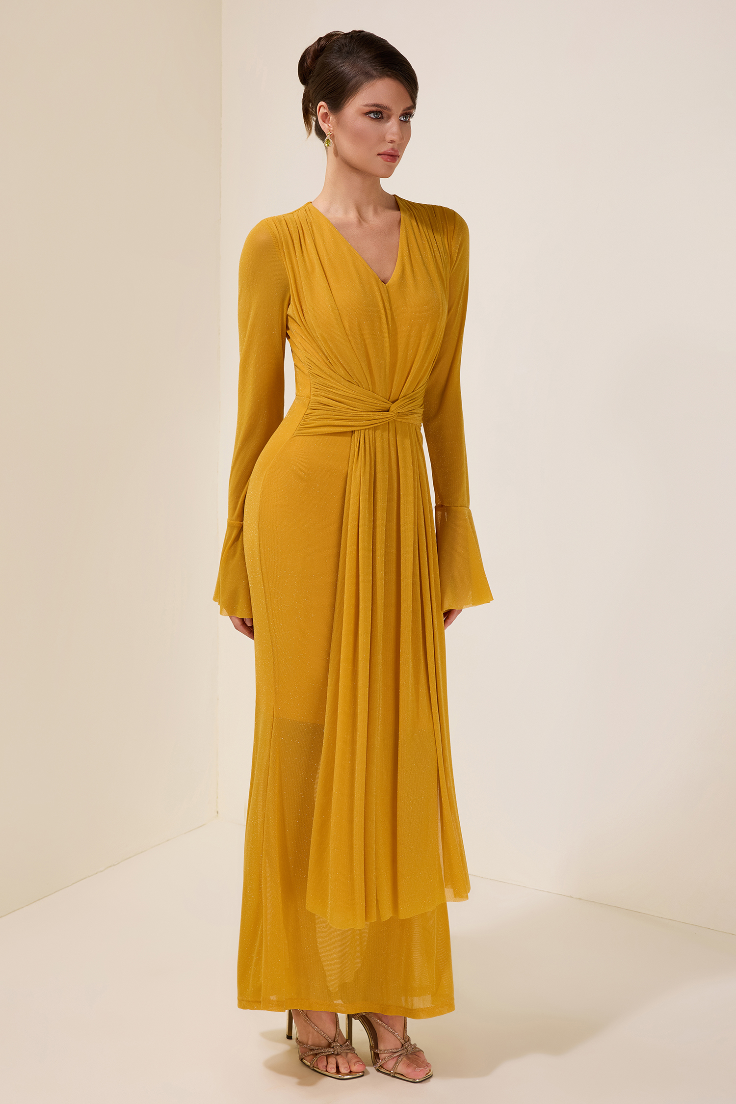 Luxury Gathering Bell Sleeve Maxi Dress