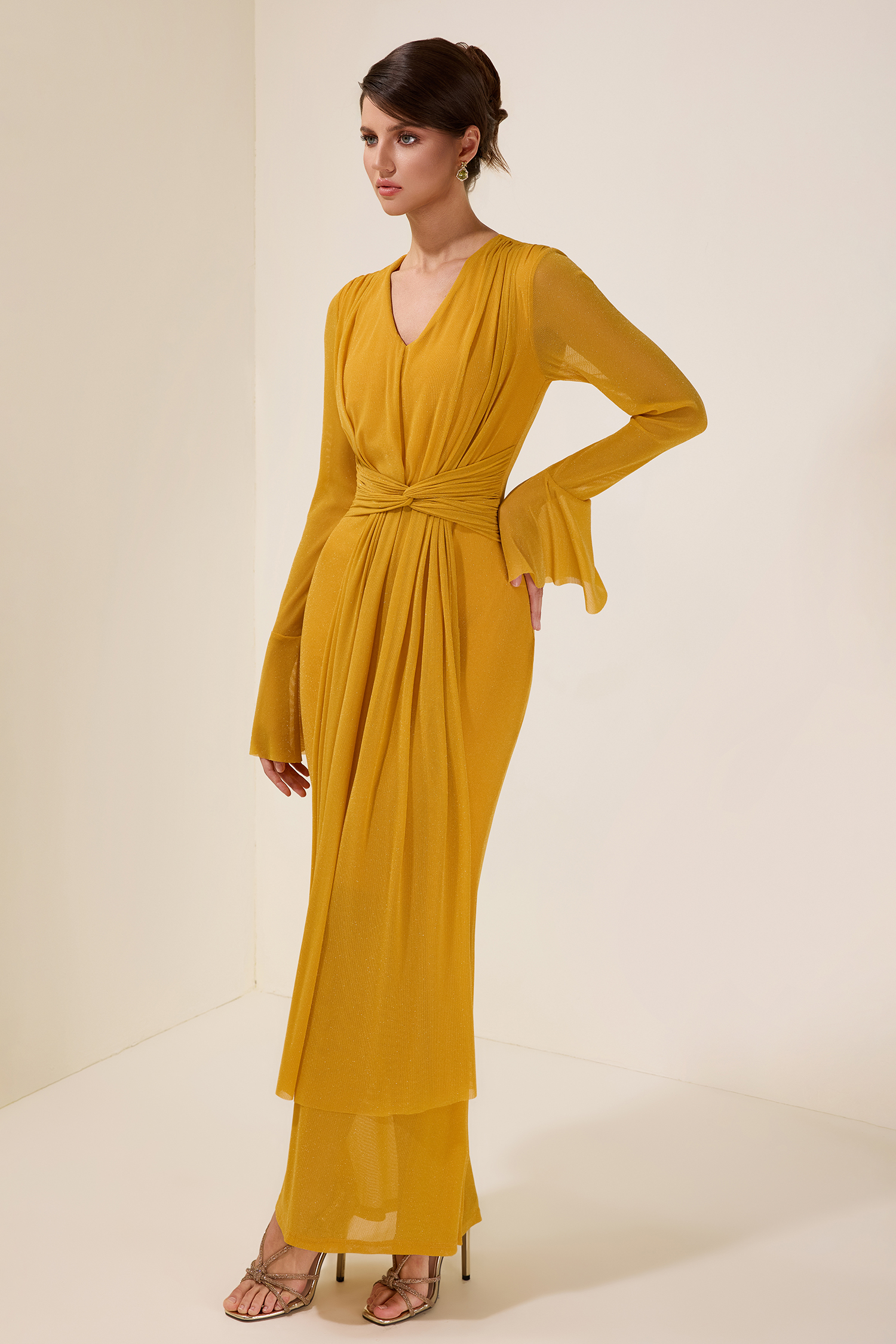 Luxury Gathering Bell Sleeve Maxi Dress
