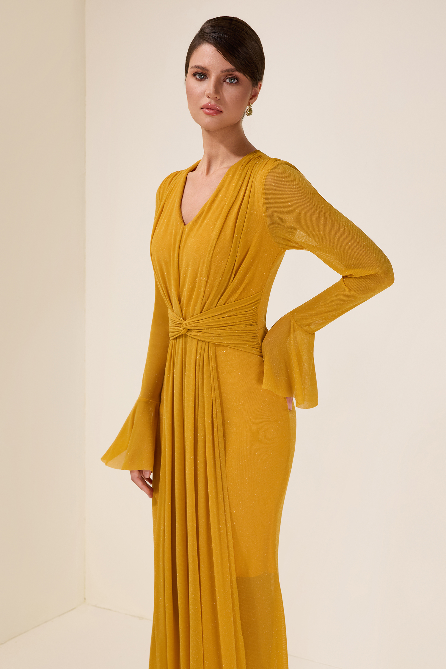 Luxury Gathering Bell Sleeve Maxi Dress