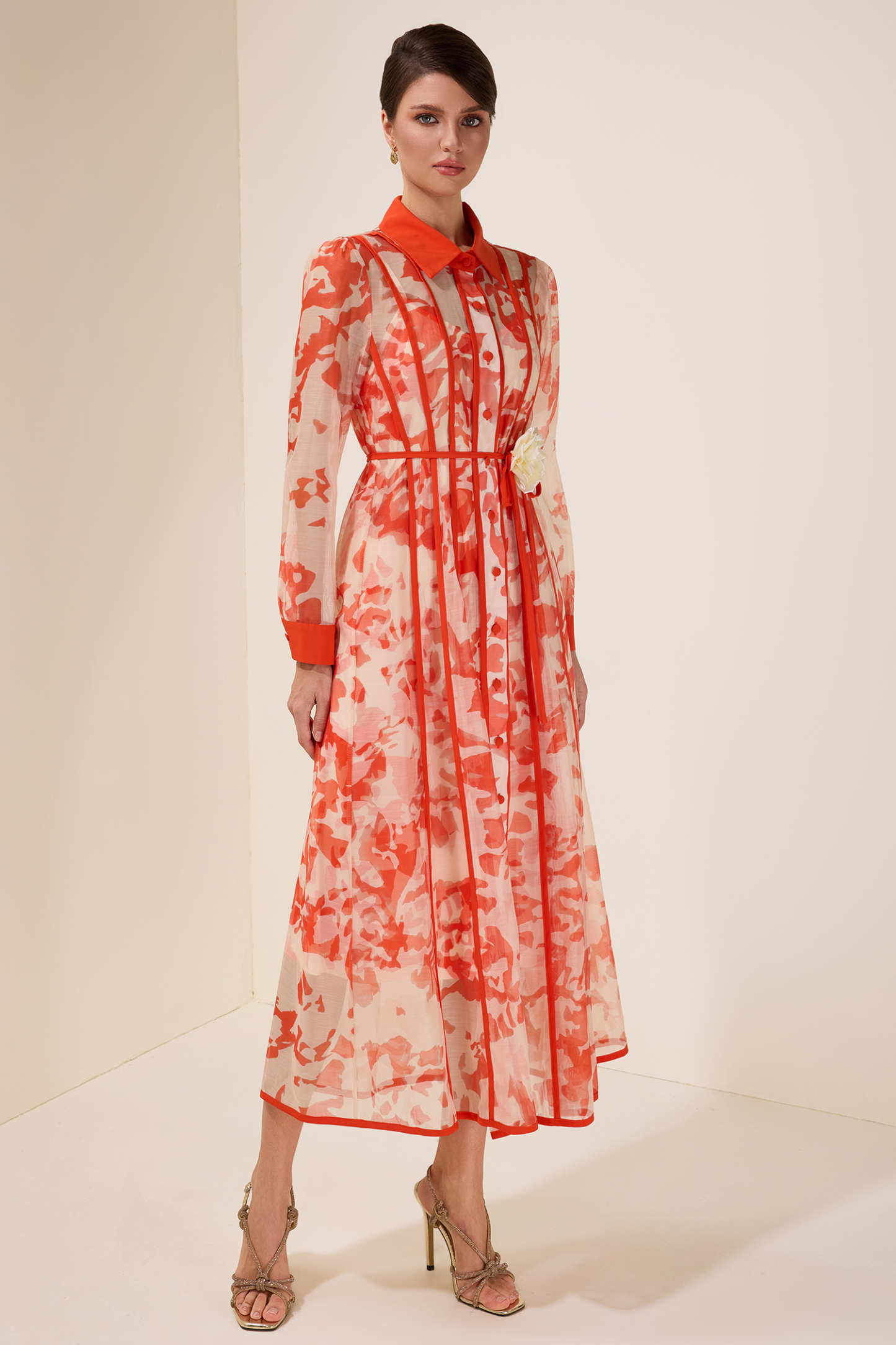 3D Flower Single Breasted Midi Dress