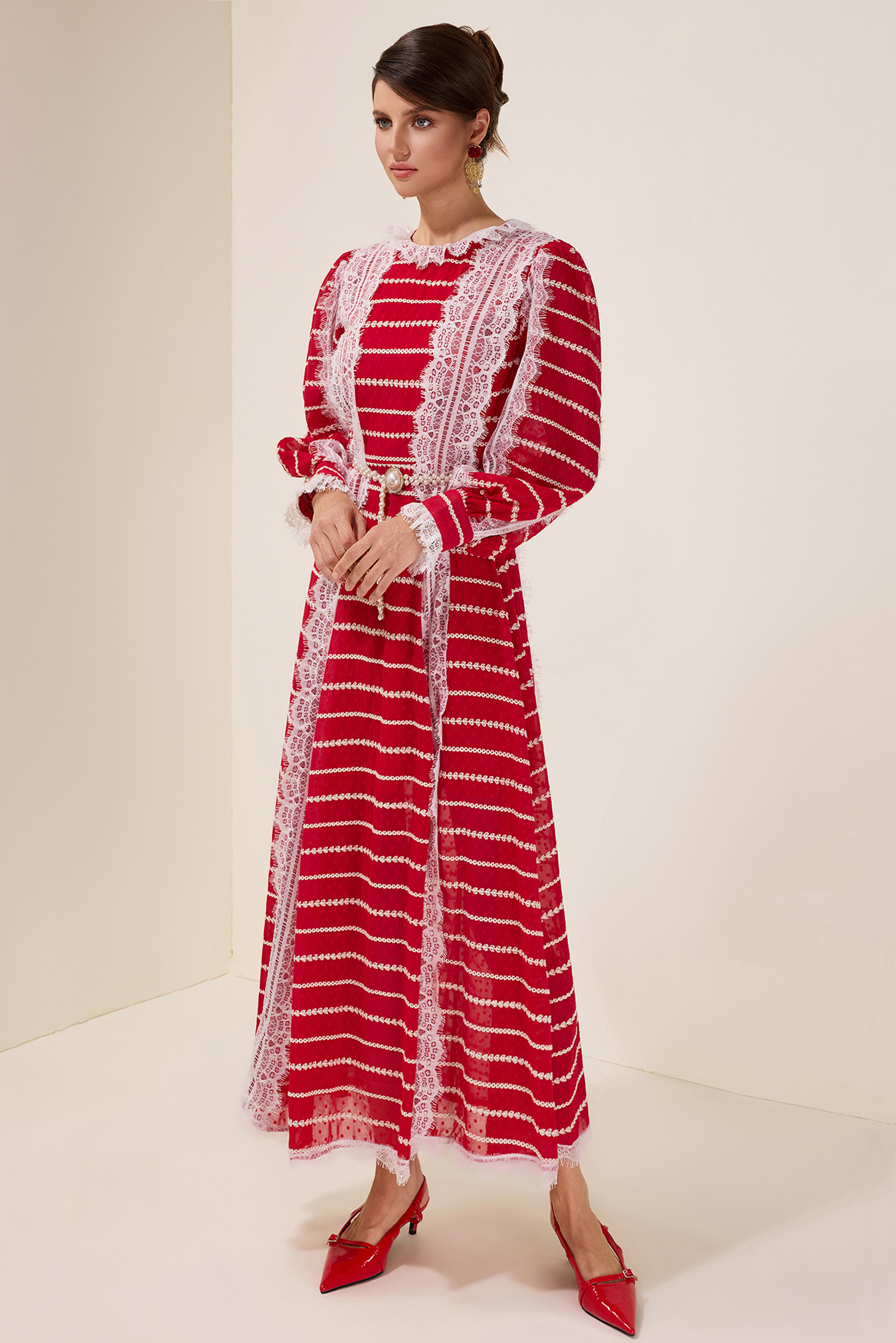 Lace Splicing Embroidered Long Sleeve Maxi Dress With Belt