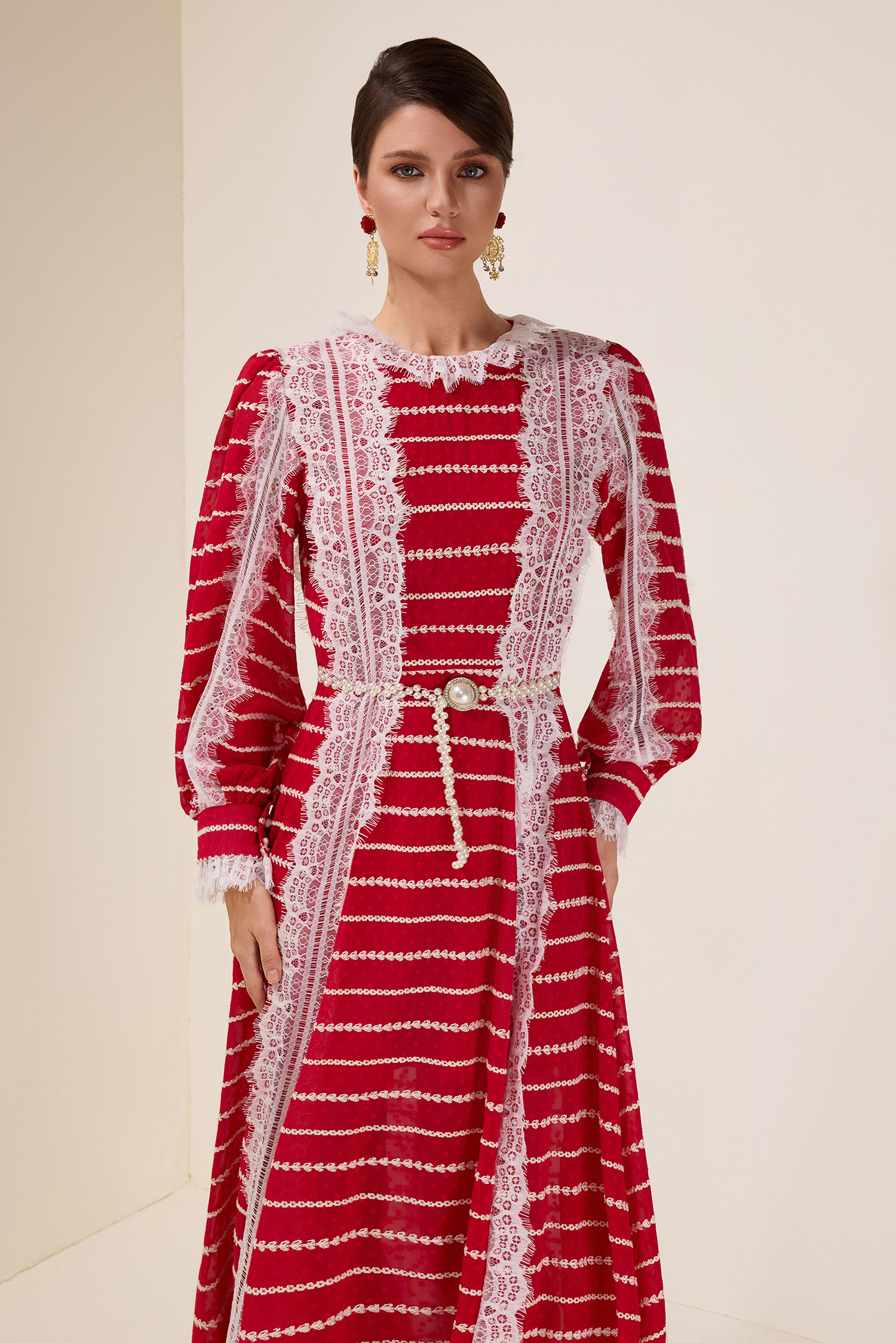 Lace Splicing Embroidered Long Sleeve Maxi Dress With Belt