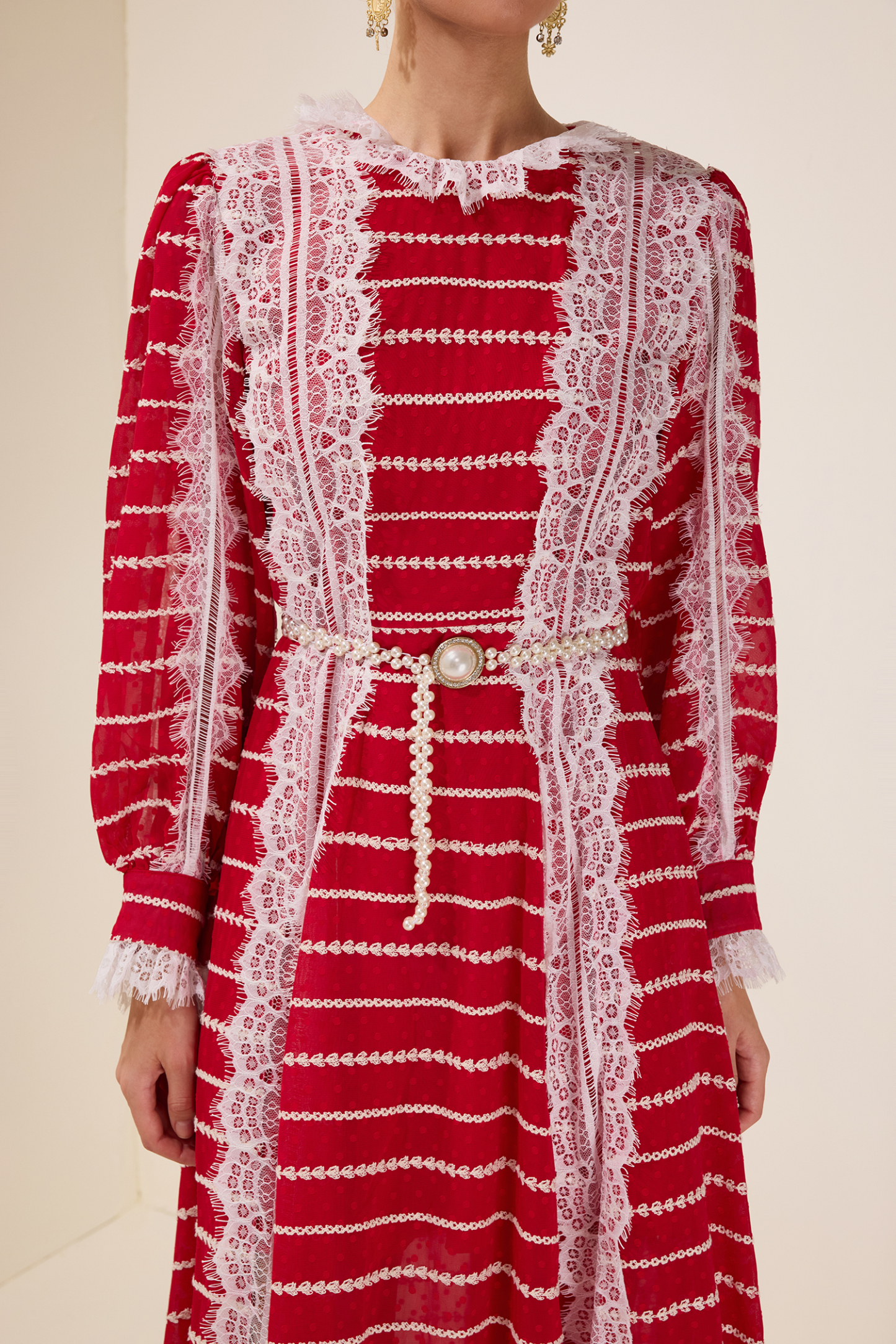 Lace Splicing Embroidered Long Sleeve Maxi Dress With Belt