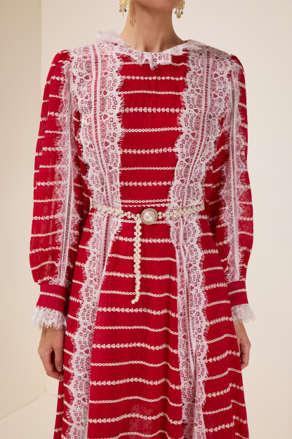 Lace Splicing Embroidered Long Sleeve Maxi Dress With Belt