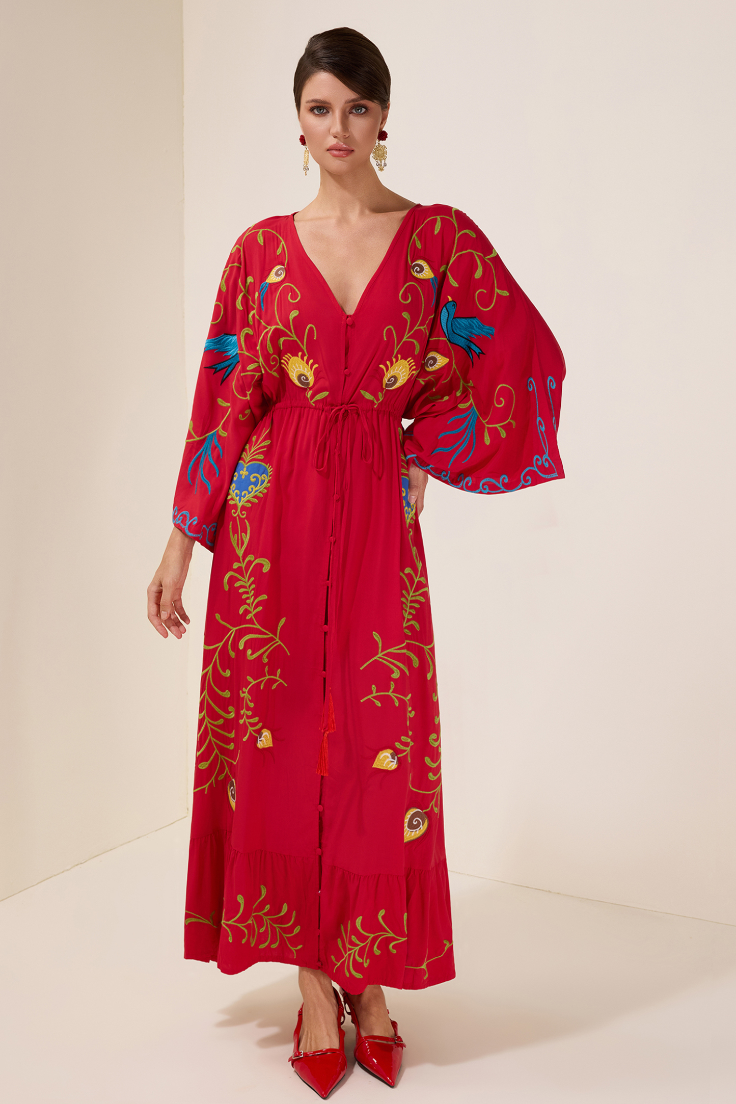 Embroidered V-Neck Single Breasted Maxi Dress With Belt