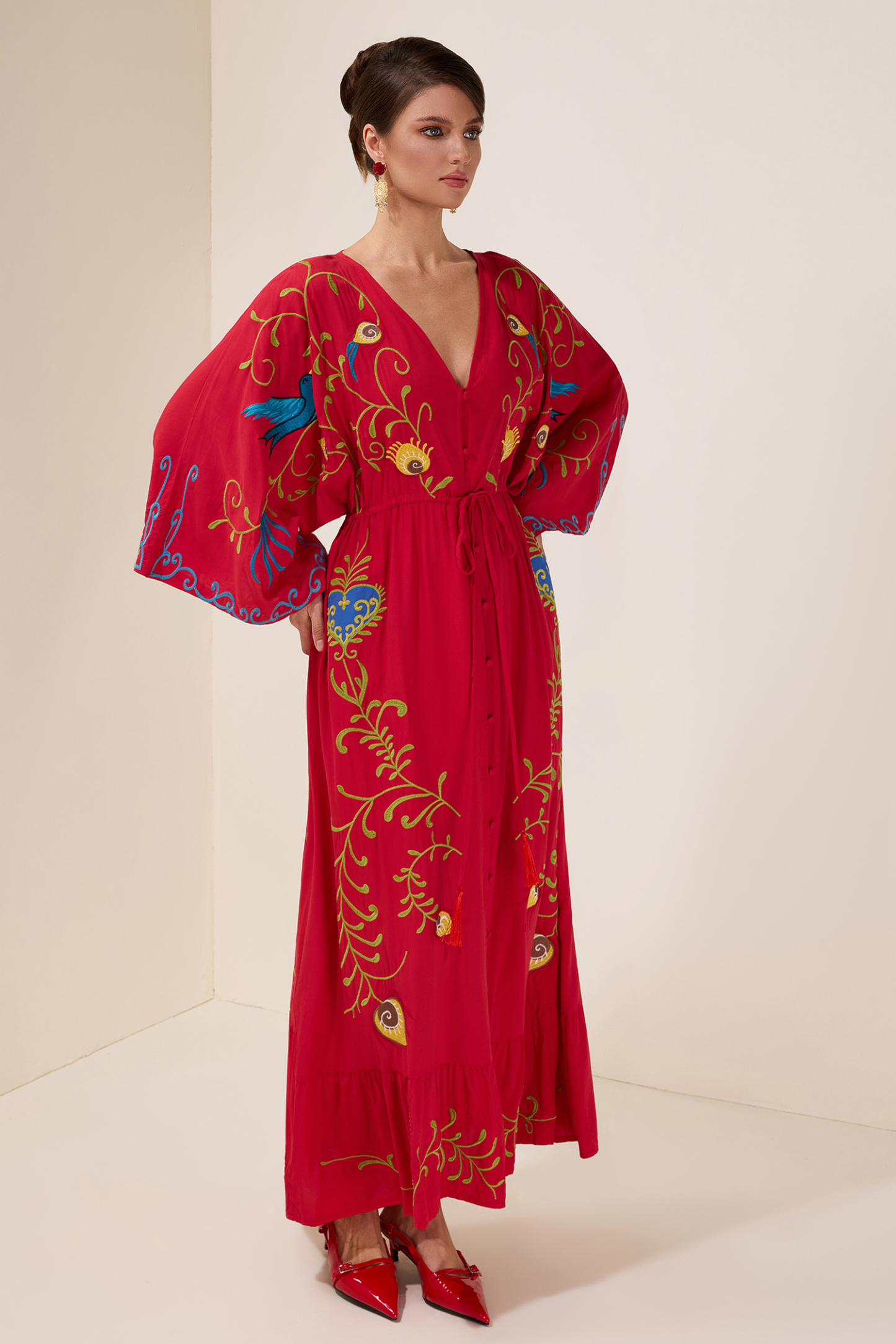 Embroidered V-Neck Single Breasted Maxi Dress With Belt