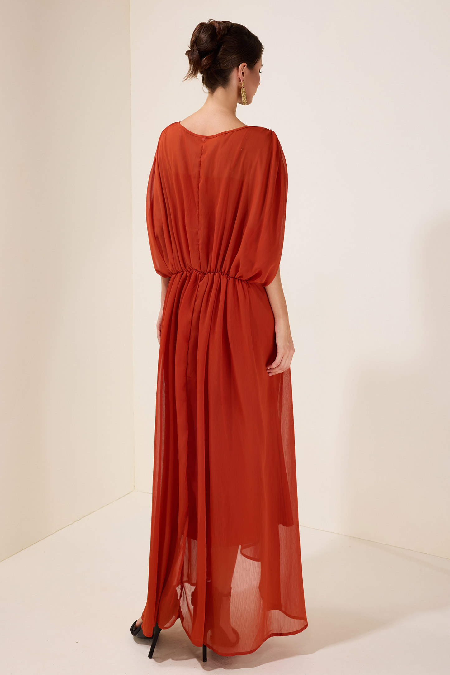 Solid Pleated Batwing Sleeve Slit Midi Dress