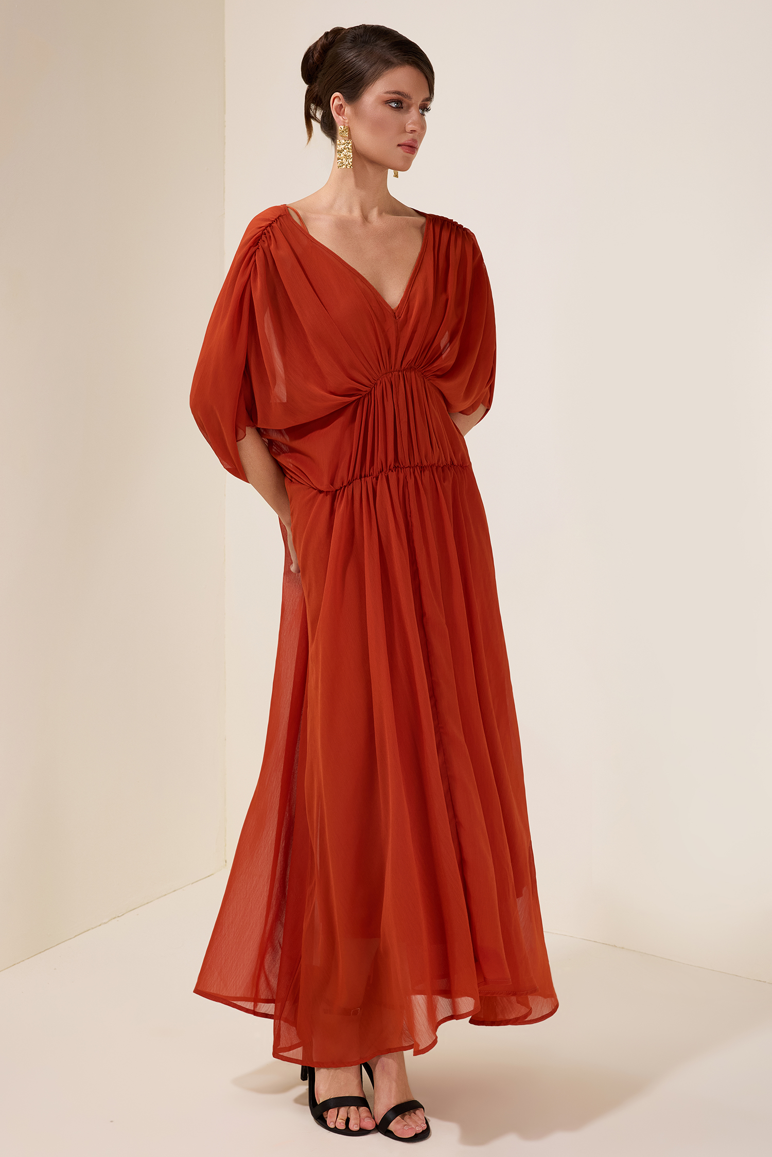 Solid Pleated Batwing Sleeve Slit Midi Dress