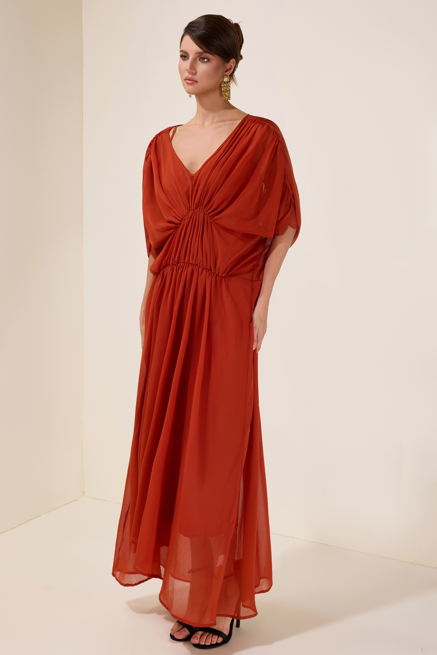 Solid Pleated Batwing Sleeve Slit Midi Dress