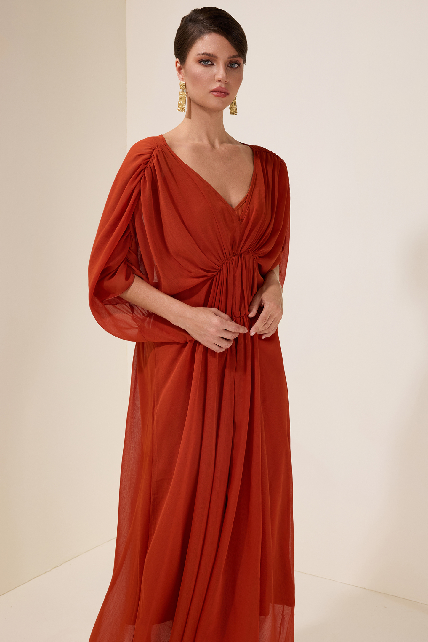 Solid Pleated Batwing Sleeve Slit Midi Dress