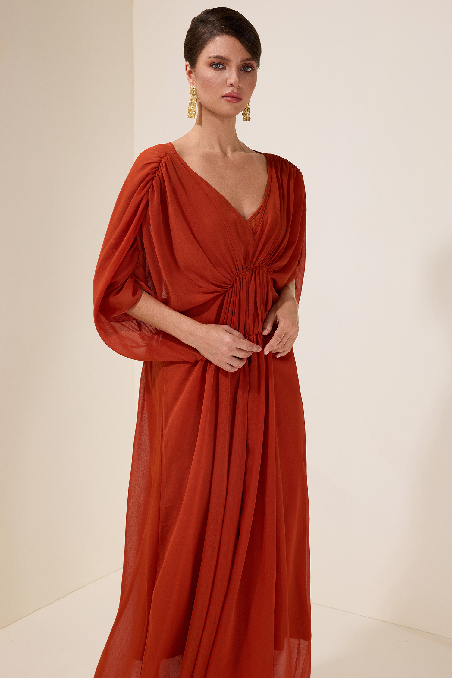 Solid Pleated Batwing Sleeve Slit Midi Dress