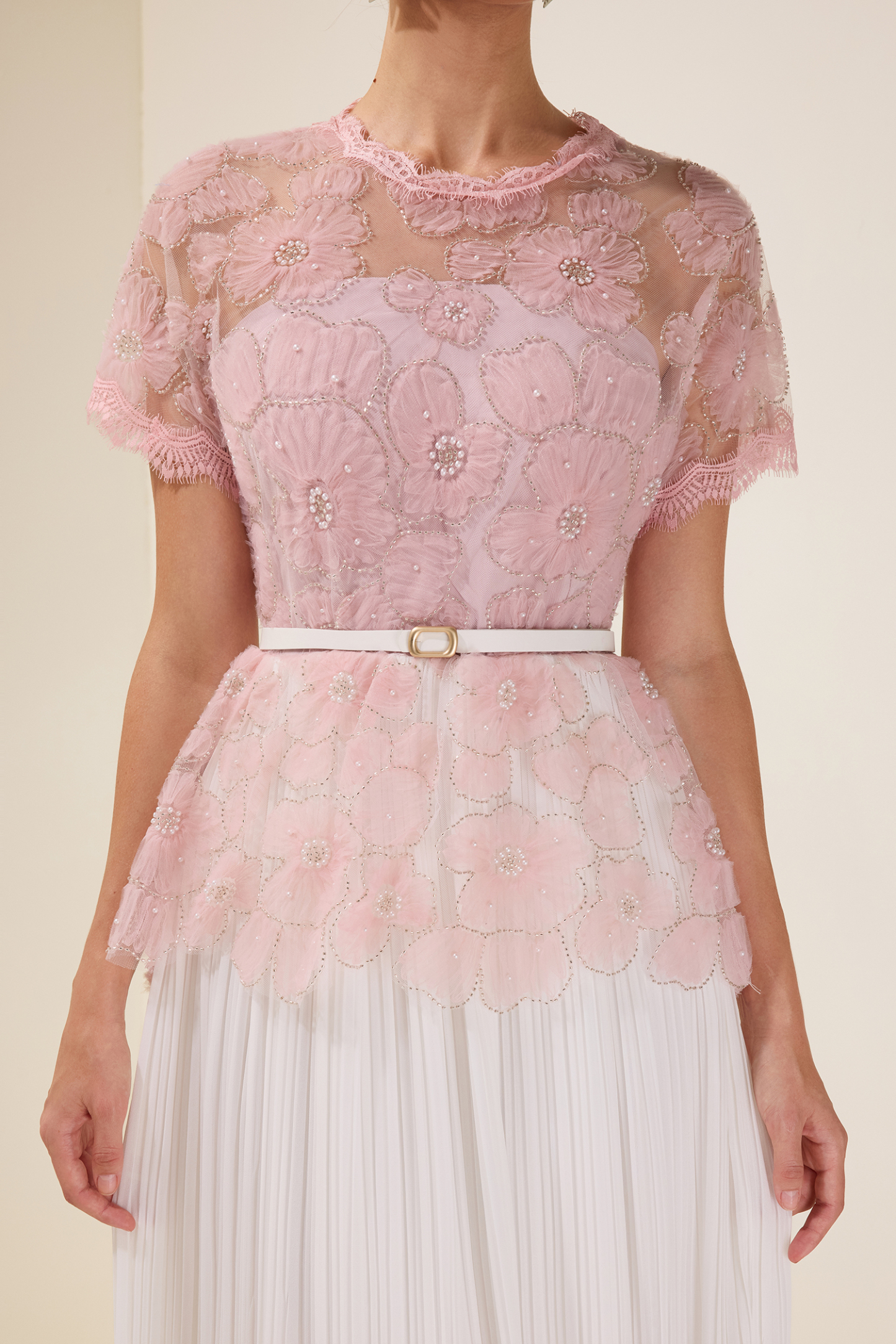 Lace Splicing Pleated Midi Dress With Belt