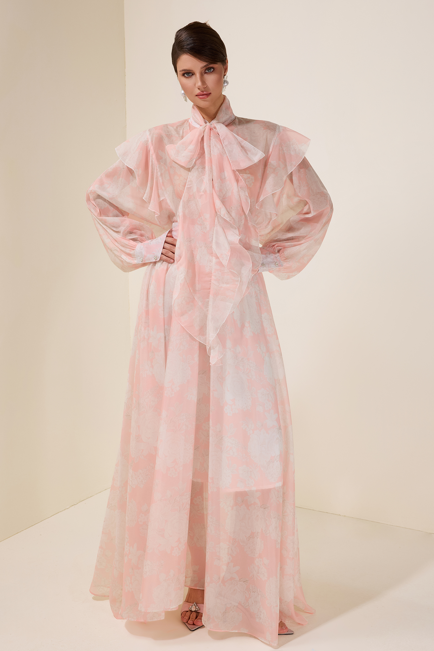 Floral Ruffle Tie-Up Top & High Waist Midi Skirt Set