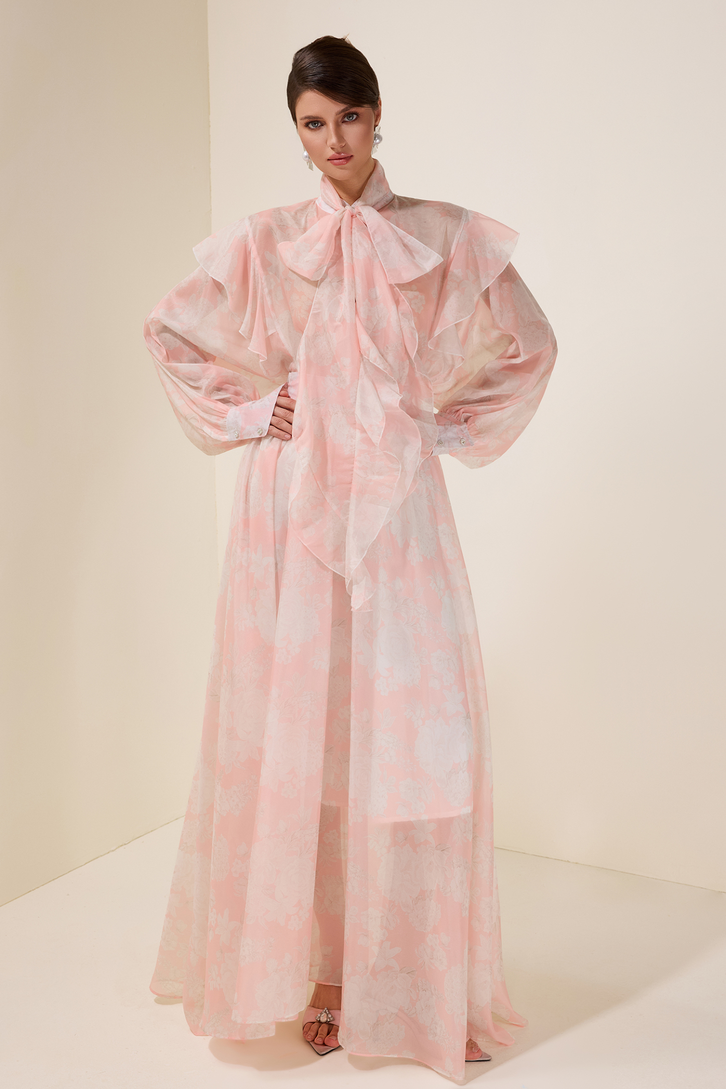 Floral Ruffle Tie-Up Top & High Waist Midi Skirt Set