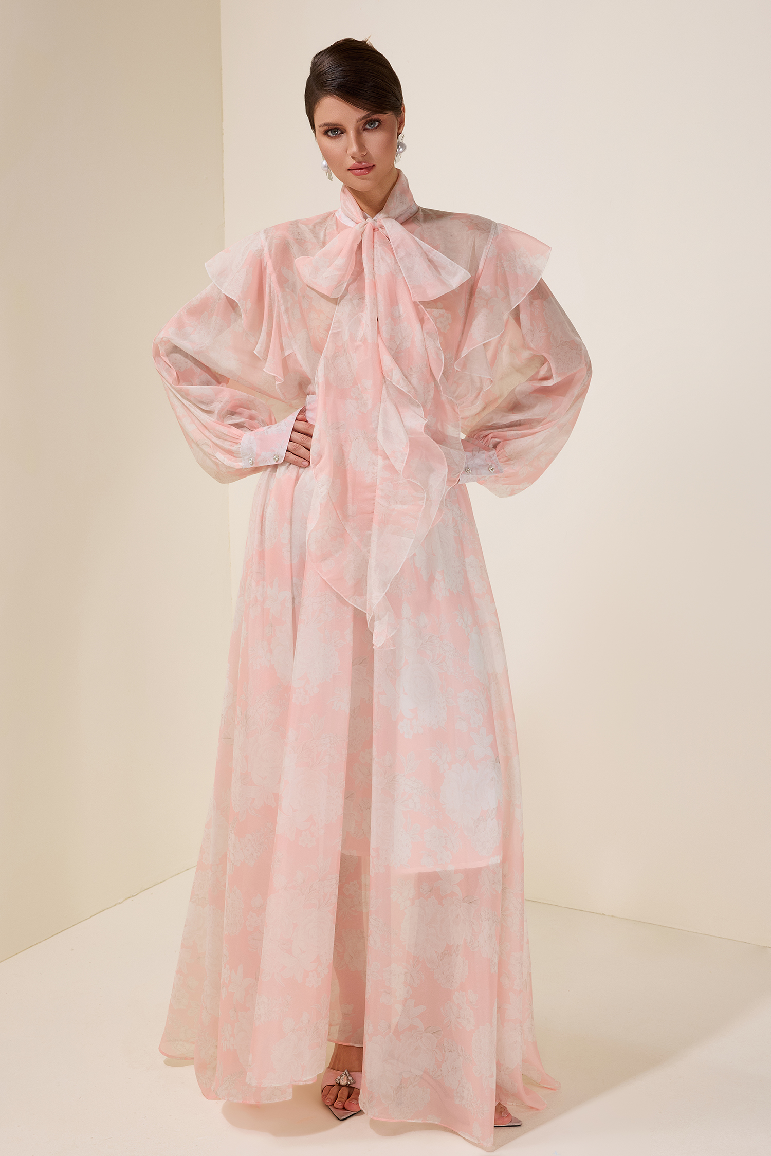 Floral Ruffle Tie-Up Top & High Waist Midi Skirt Set