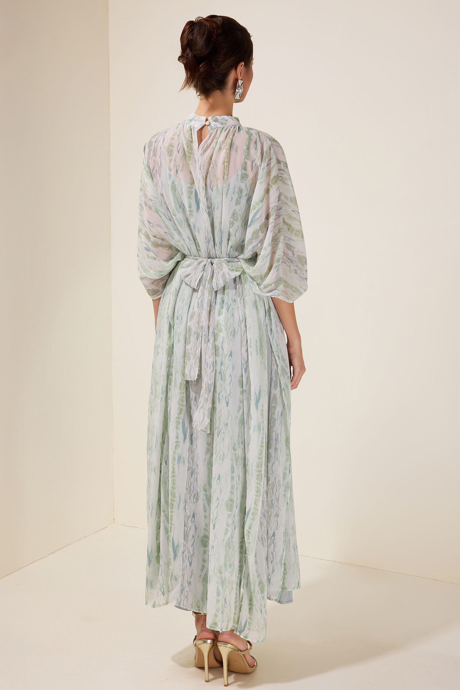 Rhinestone Batwing Sleeve Maxi Dress With Belt