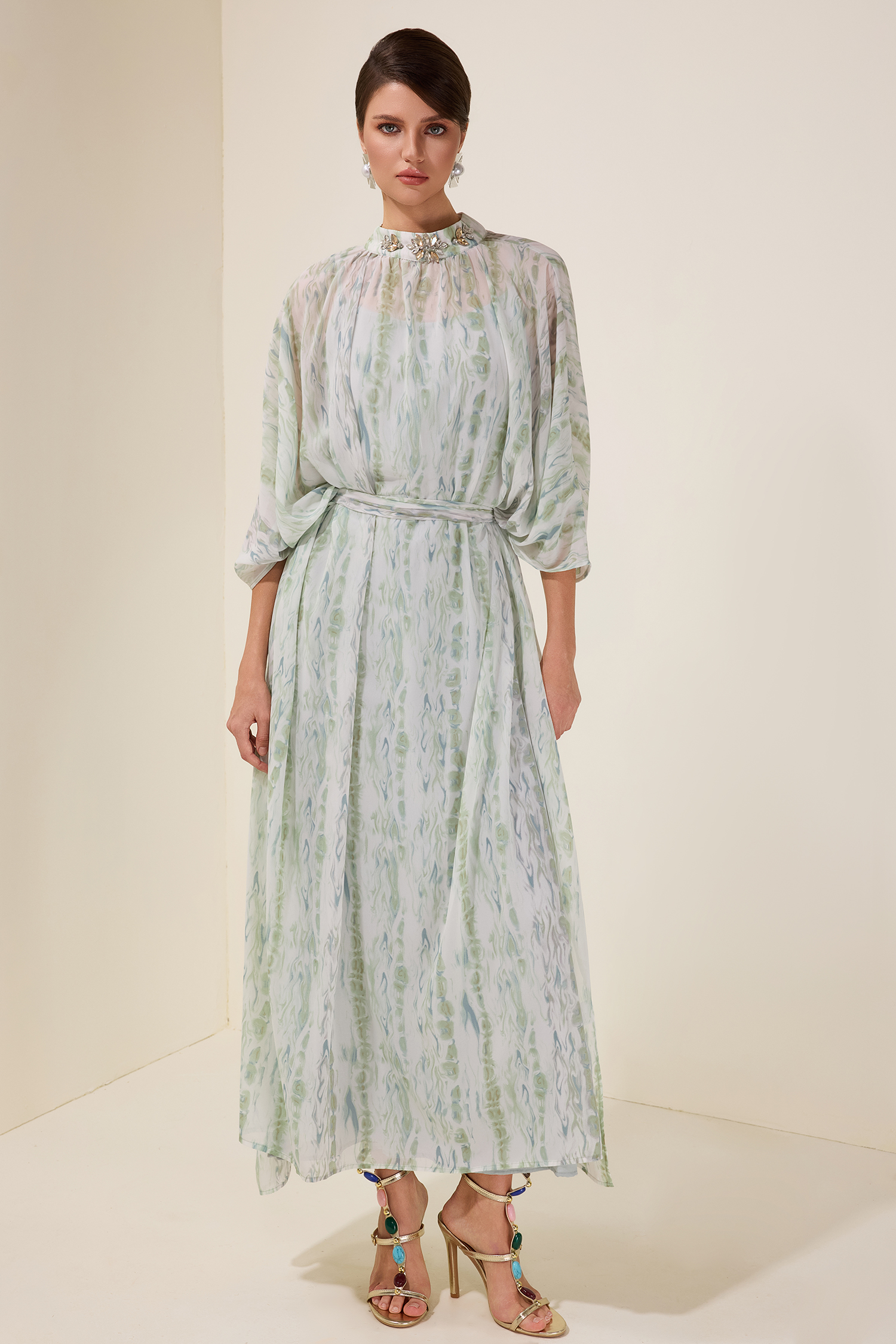 Rhinestone Batwing Sleeve Maxi Dress With Belt