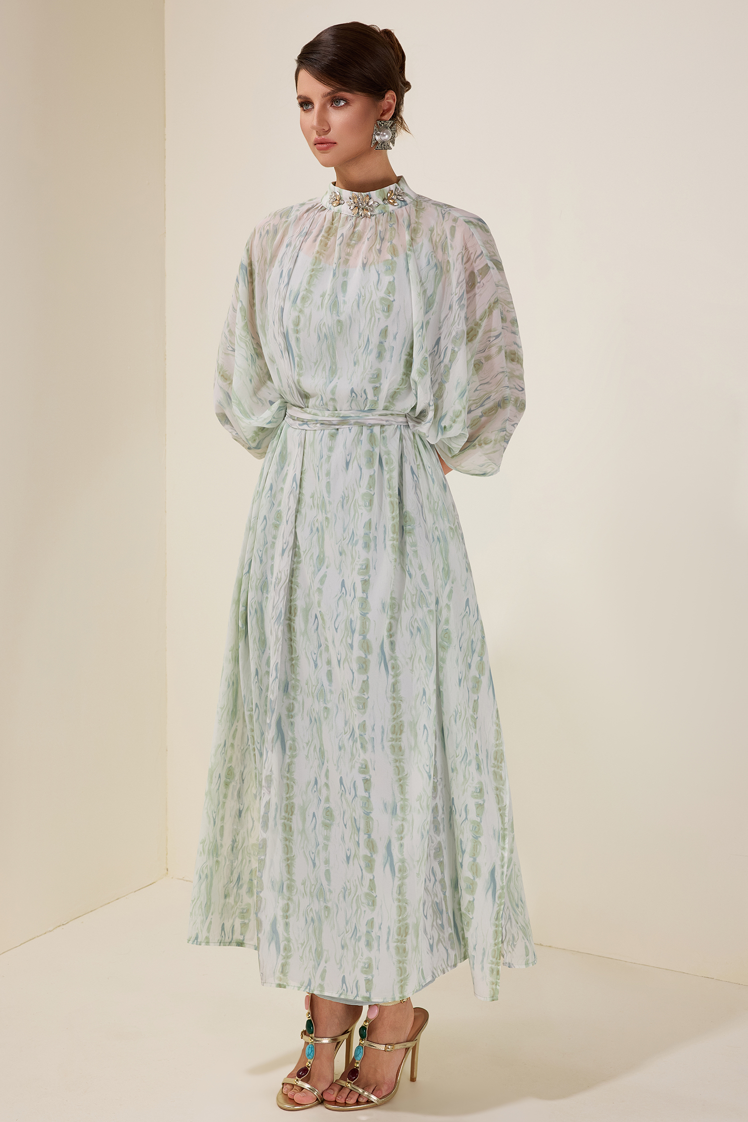 Rhinestone Batwing Sleeve Maxi Dress With Belt