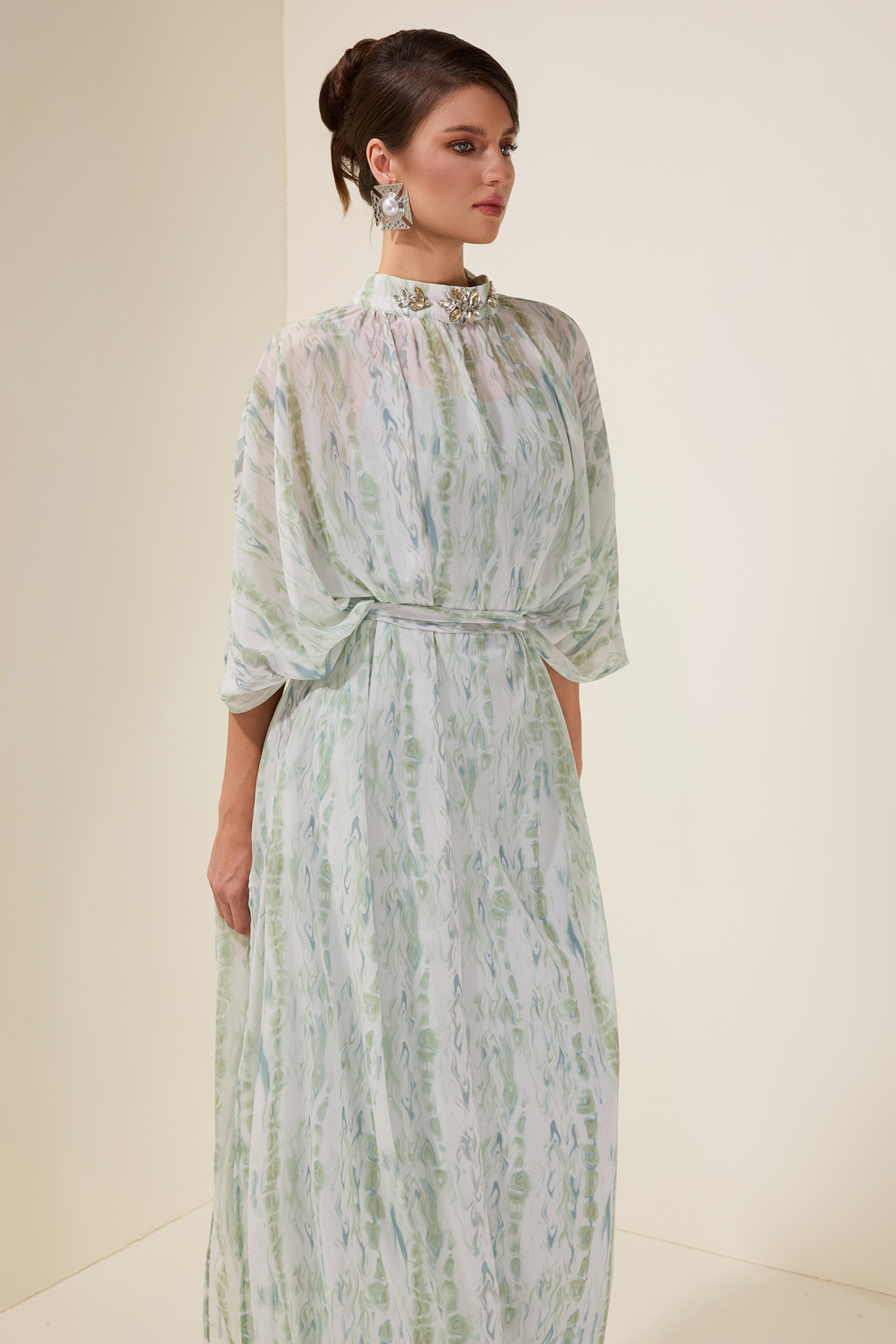 Rhinestone Batwing Sleeve Maxi Dress With Belt