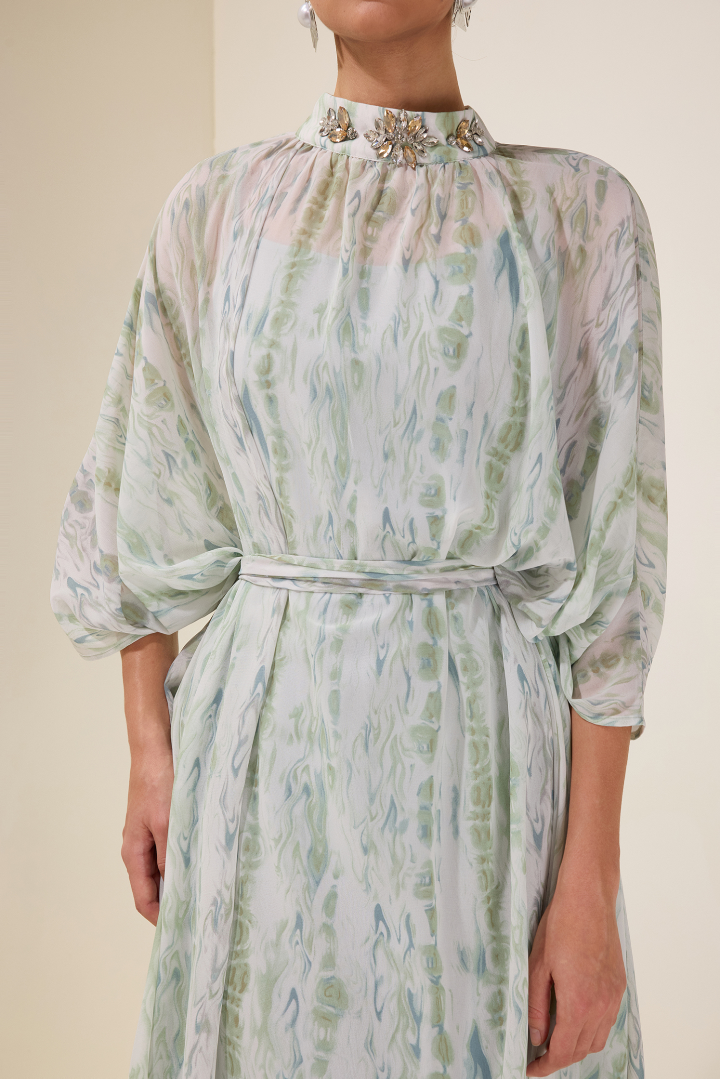 Rhinestone Batwing Sleeve Maxi Dress With Belt