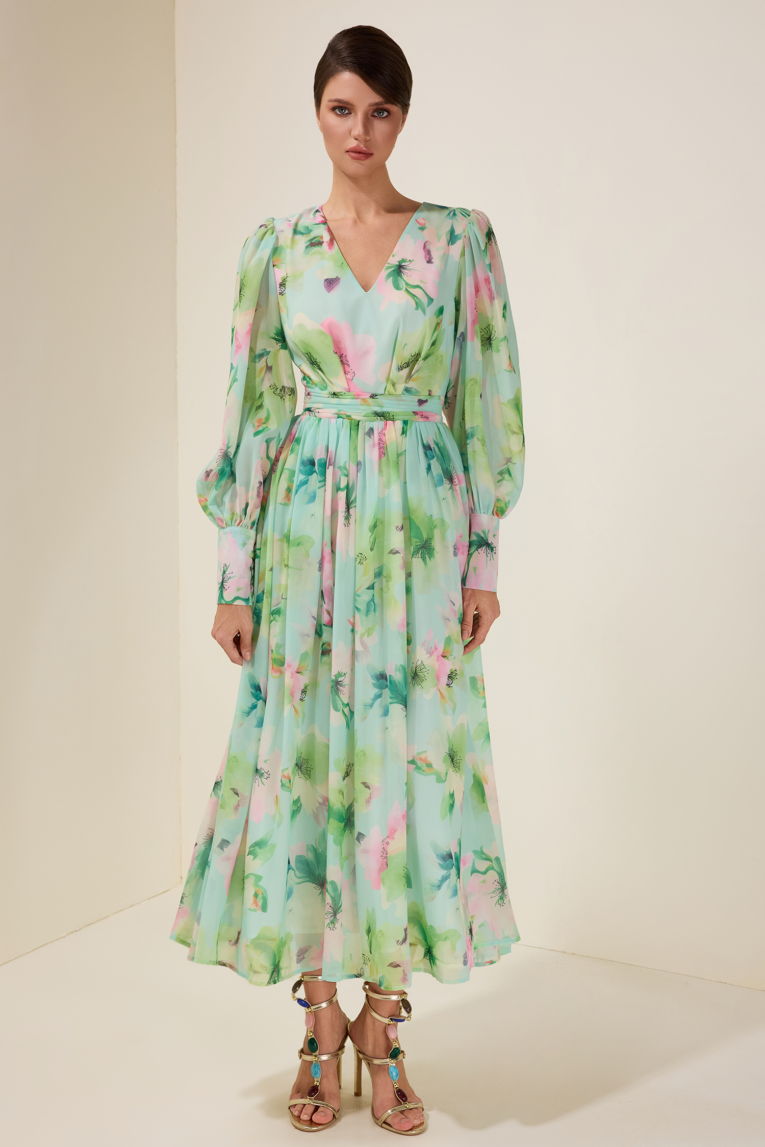 Floral V-Neck Lantern Sleeve Maxi Dress