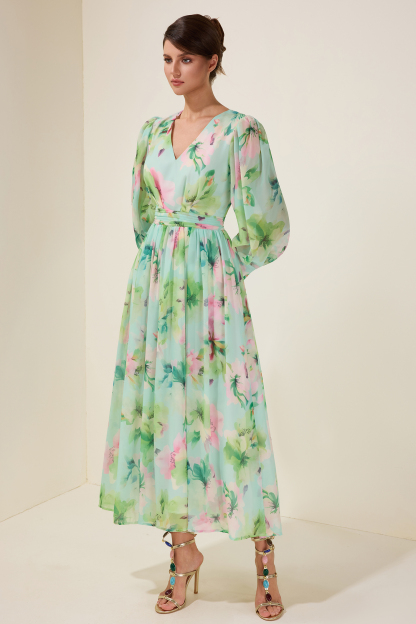 Floral V-Neck Lantern Sleeve Maxi Dress
