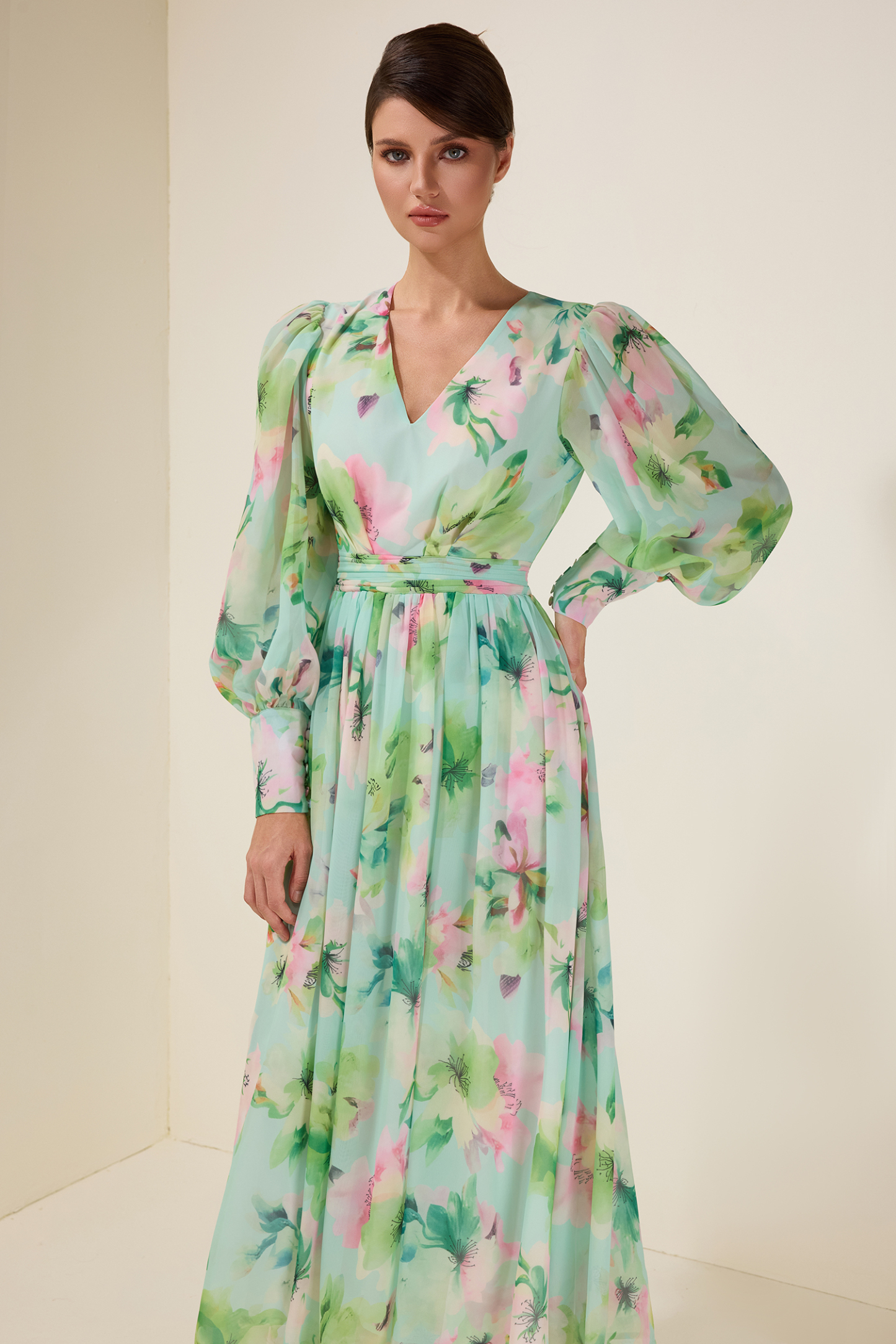 Floral V-Neck Lantern Sleeve Maxi Dress