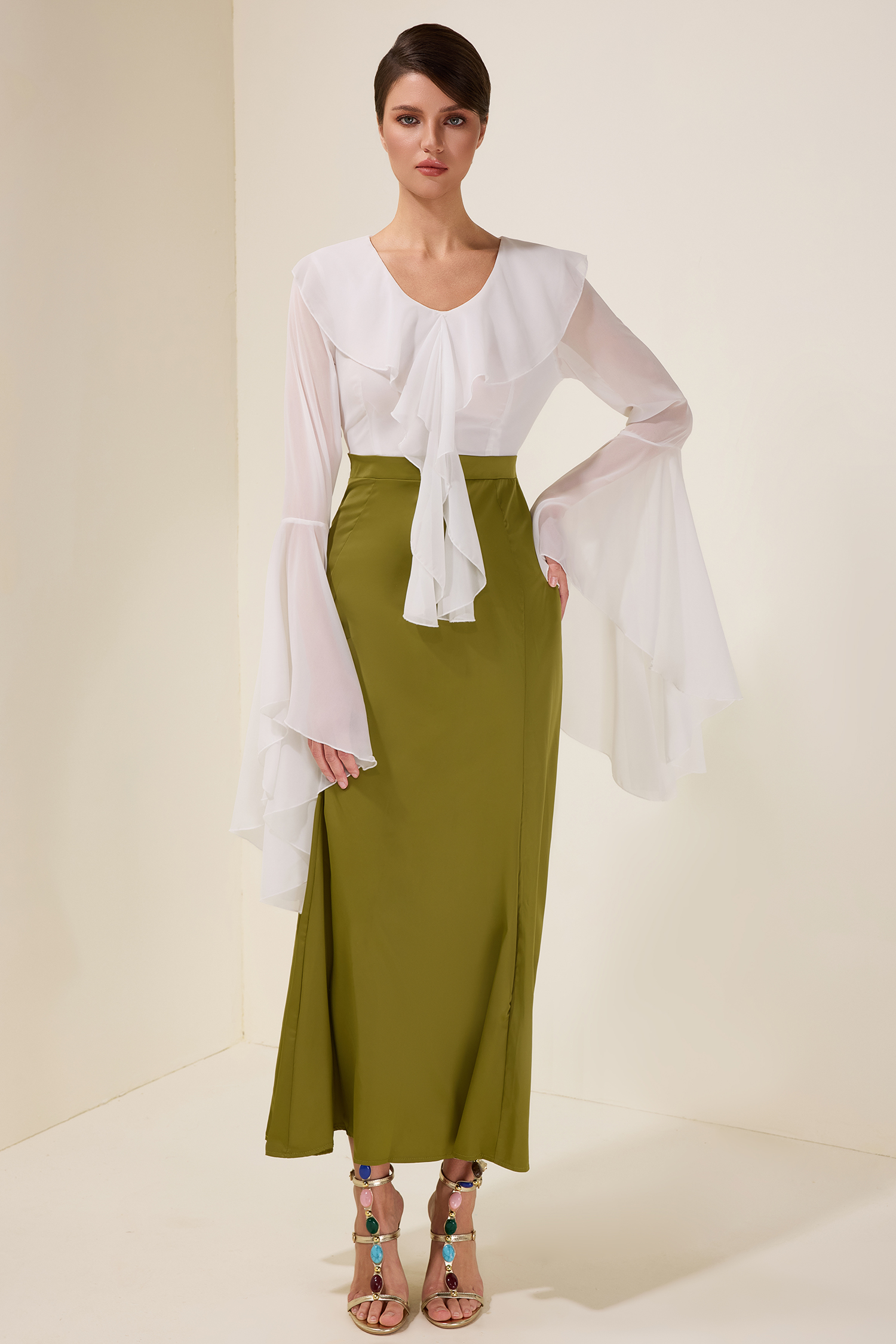 Chiffon Splicing Satin Ruffle Midi Dress